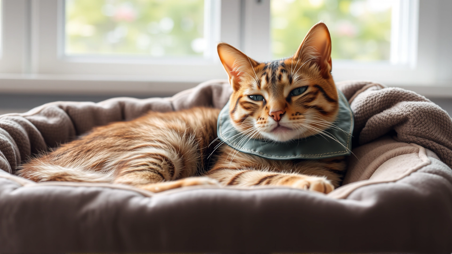 Content indoor cat resting comfortably in a soft bed, wearing a protective Elizabethan collar, with natural window light.
