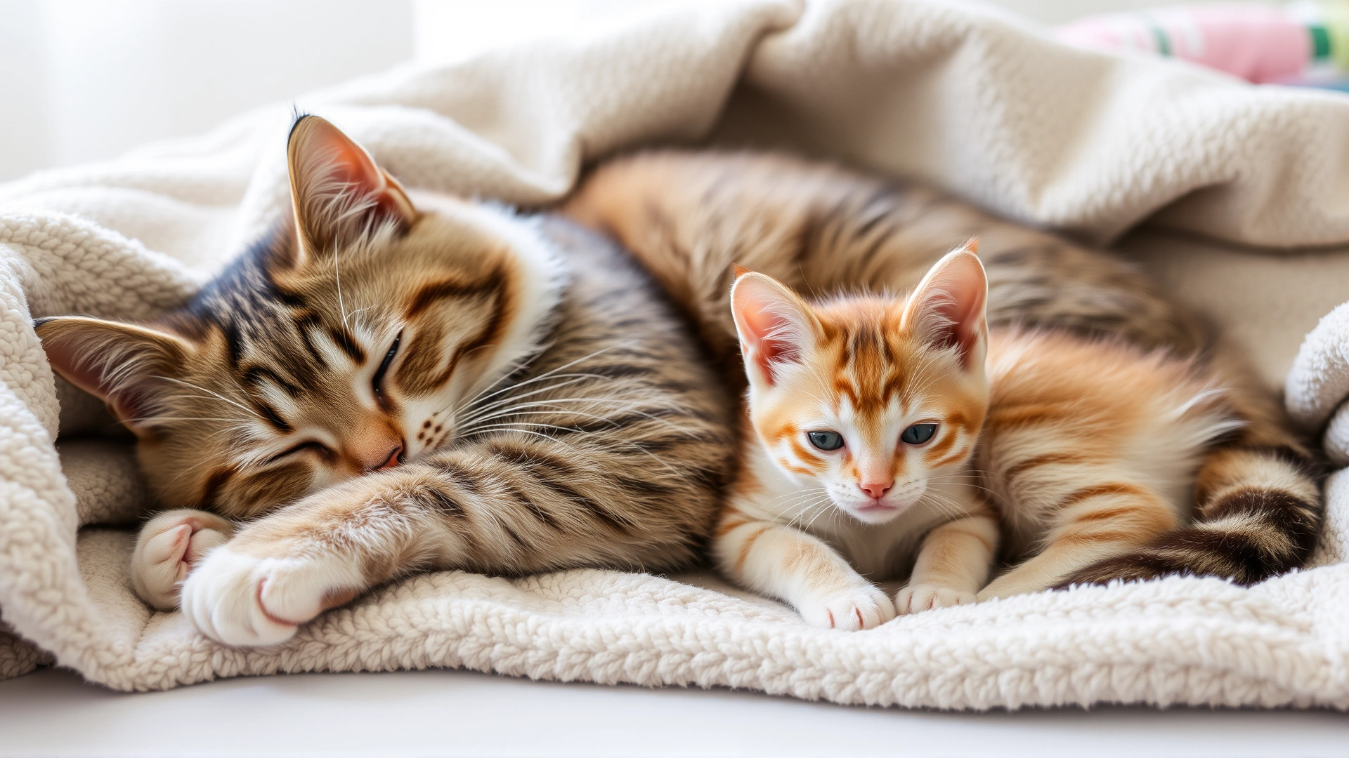 Mother cat resting comfortably on a soft blanket with two kittens beside her, looking relaxed and healthy at home.