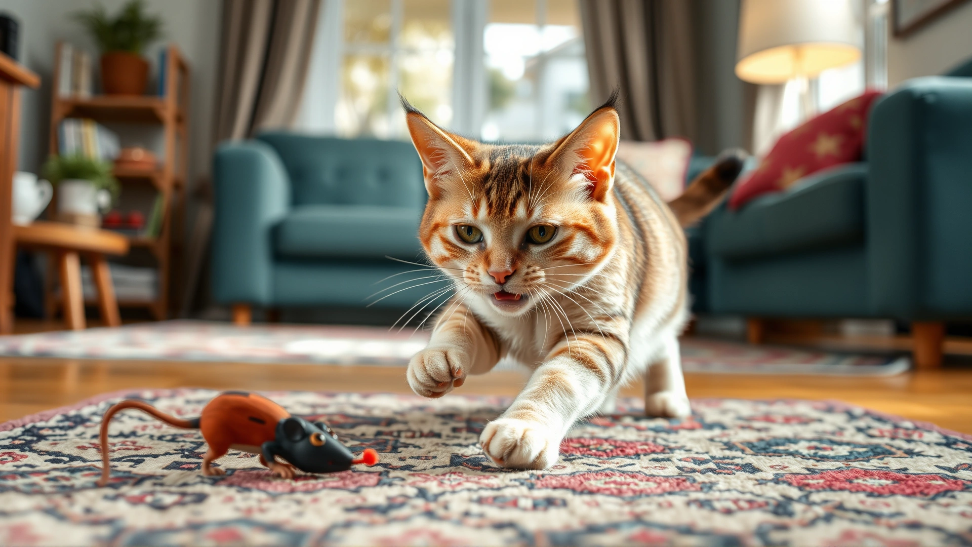 A playful healthy male cat chasing a toy mouse on a living-room rug, bright and cheerful atmosphere
