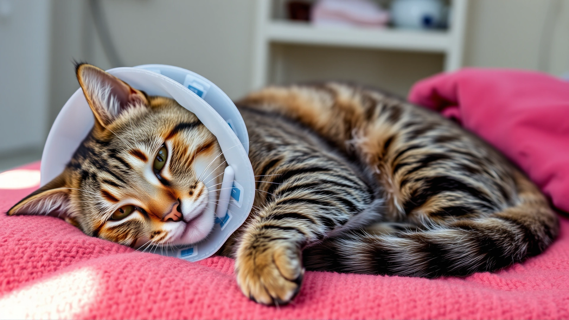 Calm tabby cat wearing an e-collar resting on a soft blanket after surgery, natural indoor lighting, no text.