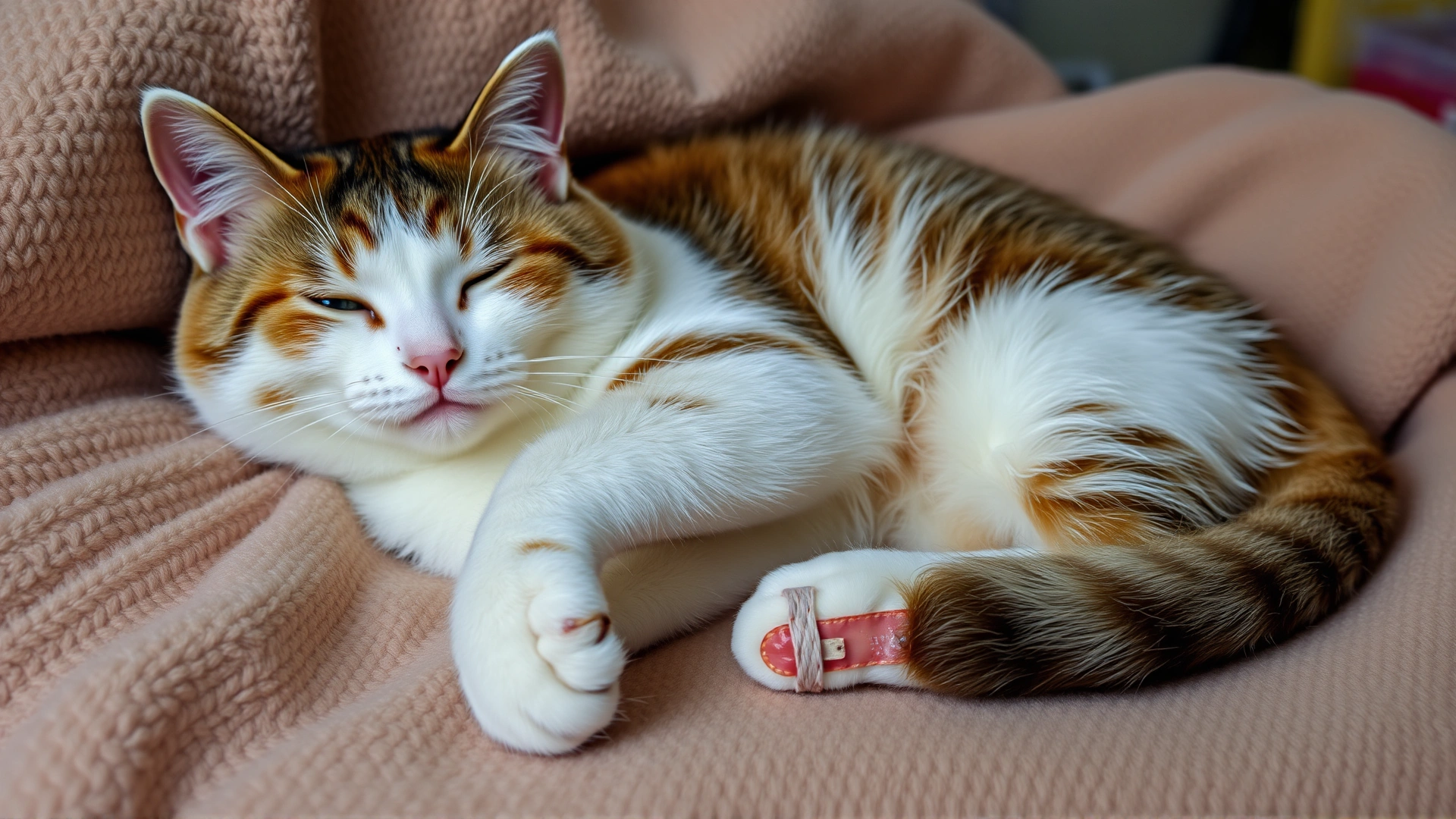 Cat resting comfortably on a soft blanket with a small bandage on its paw, representing post-surgical recovery after a bleeding episode.