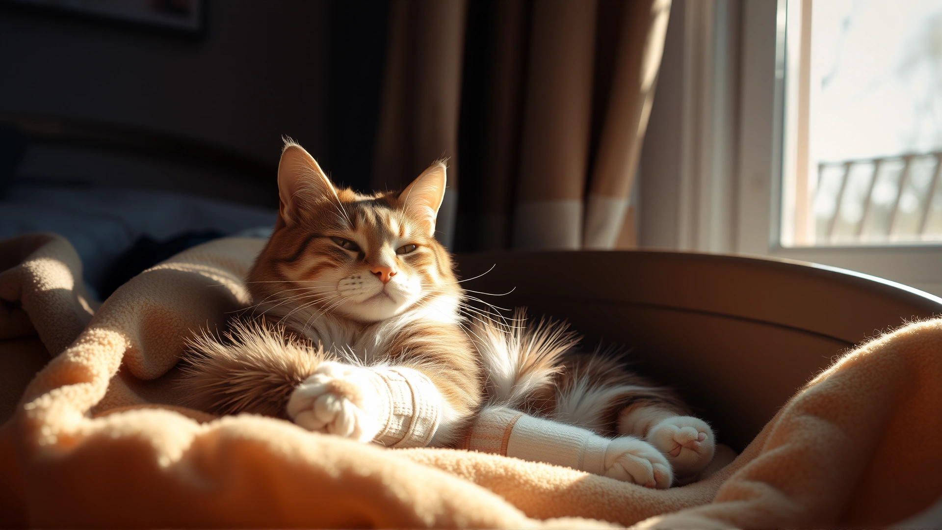 A relaxed cat resting in a cozy bed at home, fresh bandage on leg, sunlight streaming through window, atmosphere of recovery.