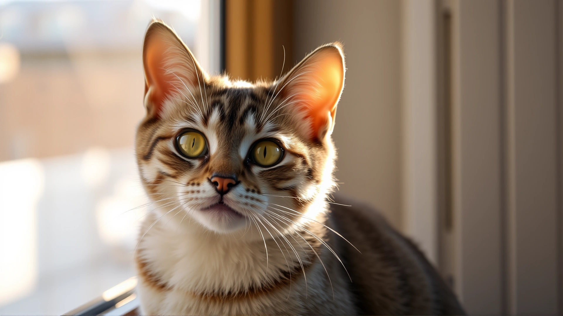 Content domestic cat with bright eyes sitting by a sunny window, looking outside confidently, symbolizing recovery, warm lighting