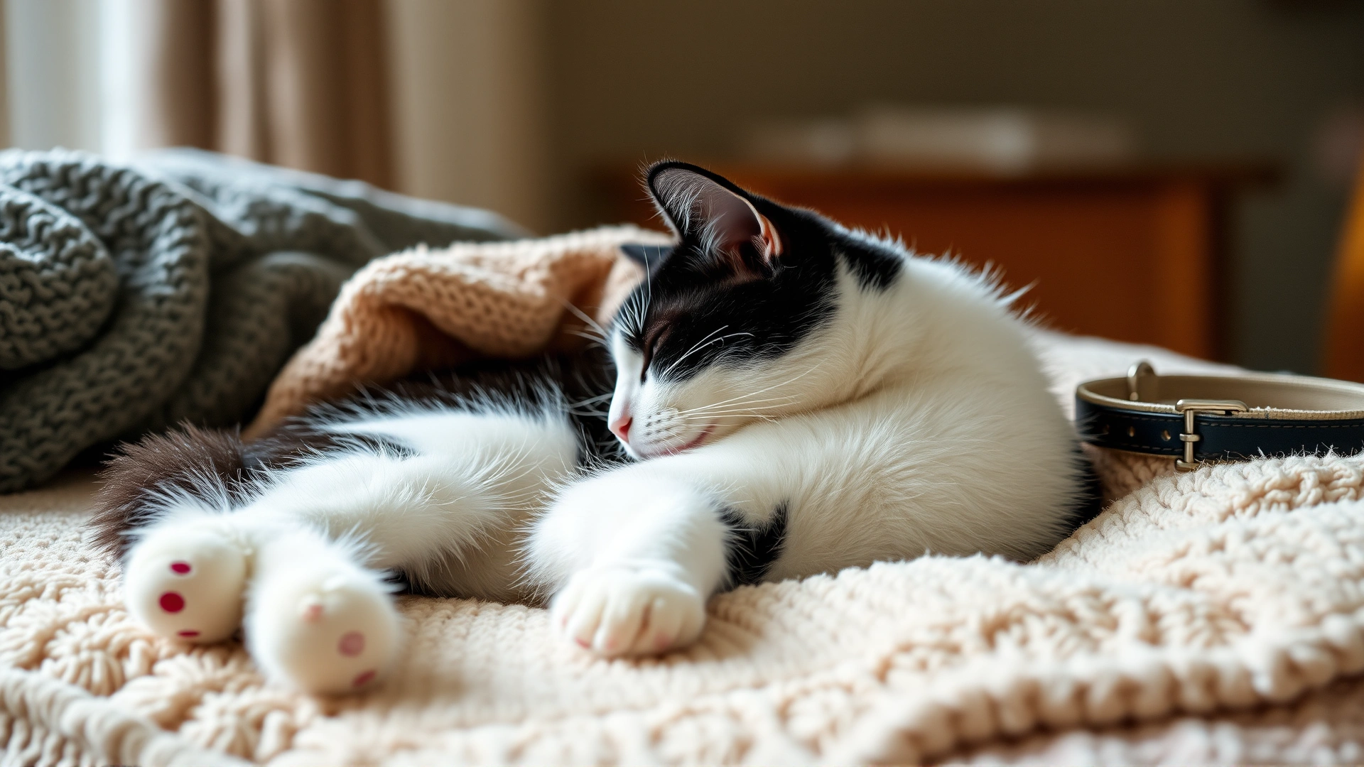 Photo of a black and white cat resting comfortably on a plush bed with a warm blanket and a soft e-collar nearby, warm home environment