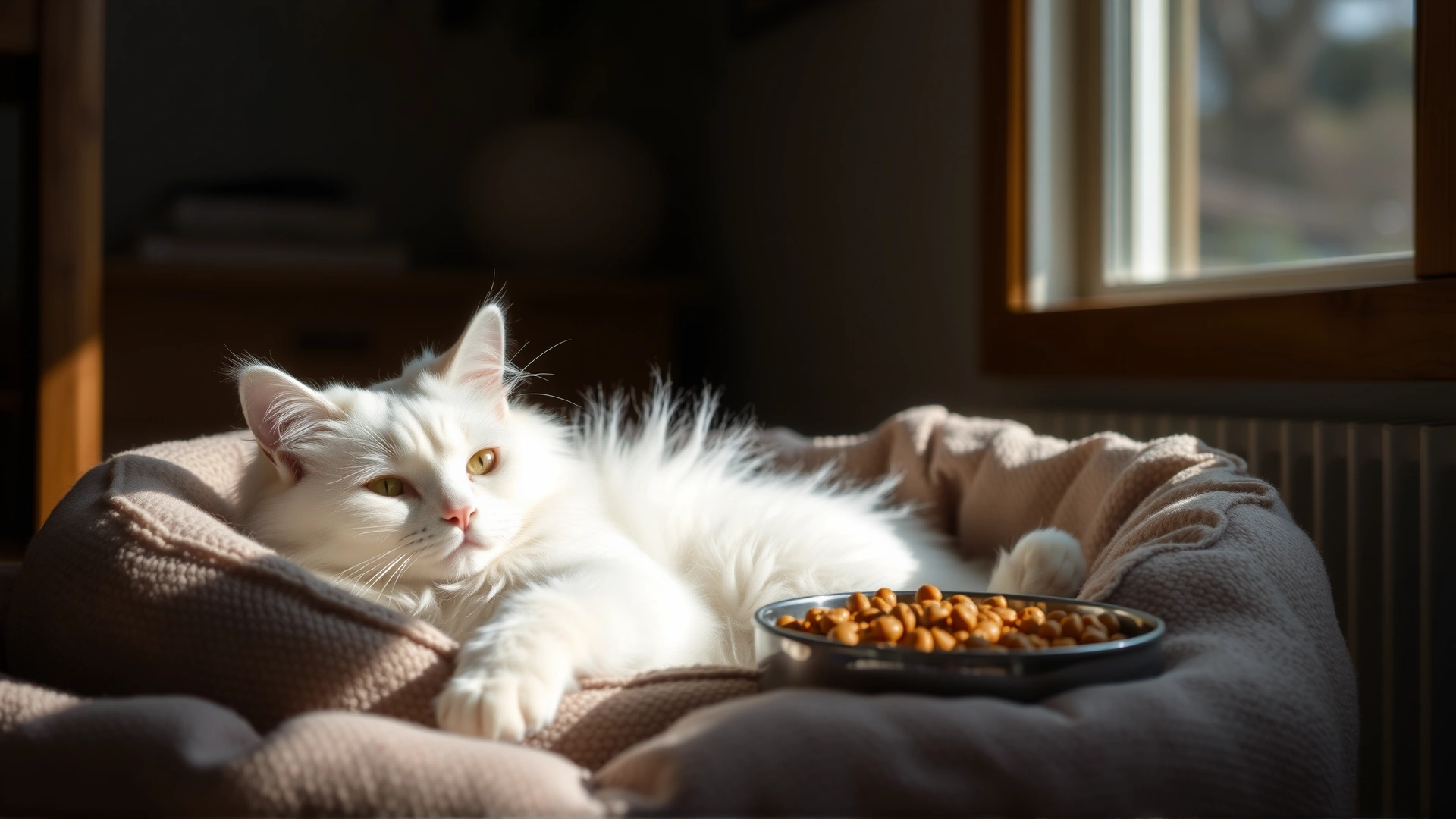 Fluffy white cat resting comfortably in a soft bed at home with a food bowl nearby, warm natural light.