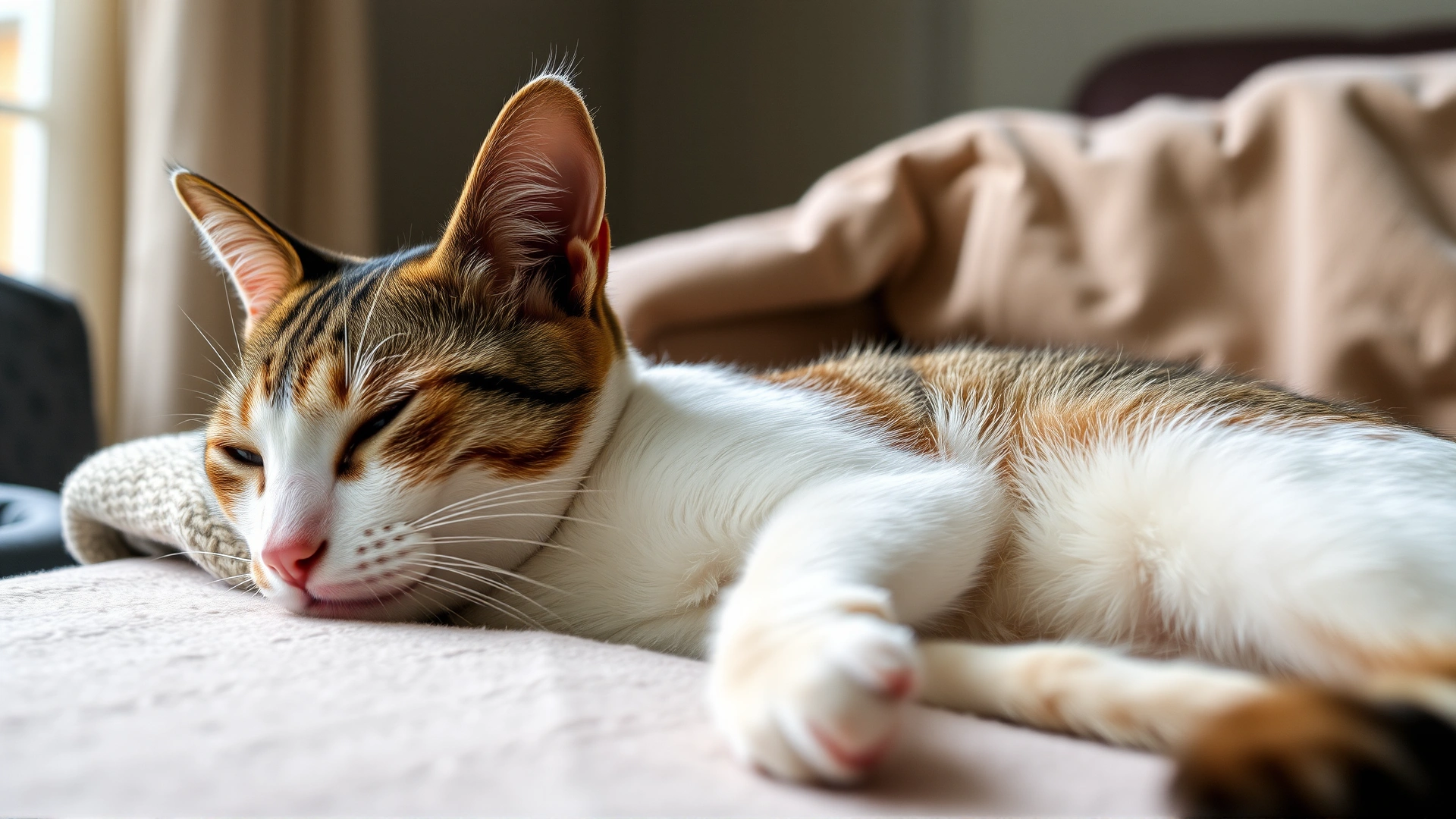 Domestic short-haired cat resting comfortably on a soft blanket at home, subtle shaved patch on neck indicating recent surgery, warm ambient light
