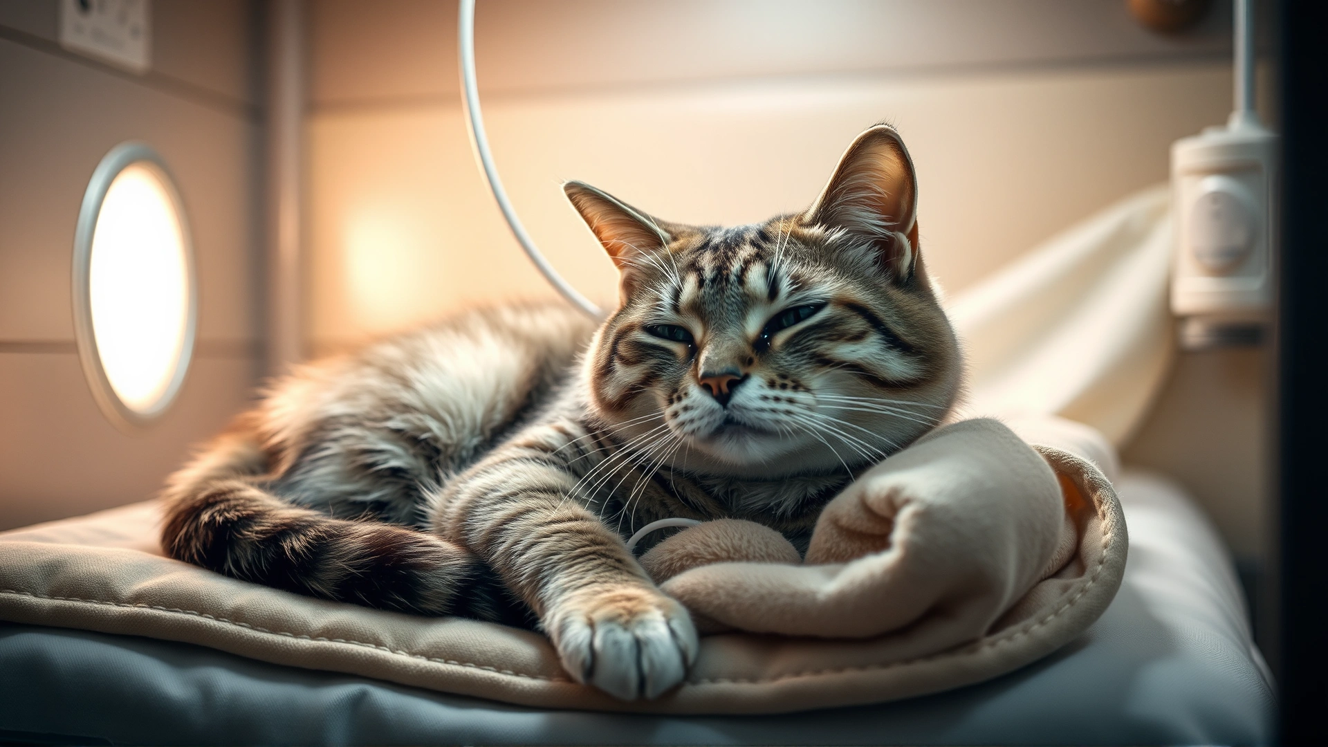 Senior cat resting comfortably in a padded recovery kennel with soft blankets and an IV catheter in place, warm lighting, calm atmosphere