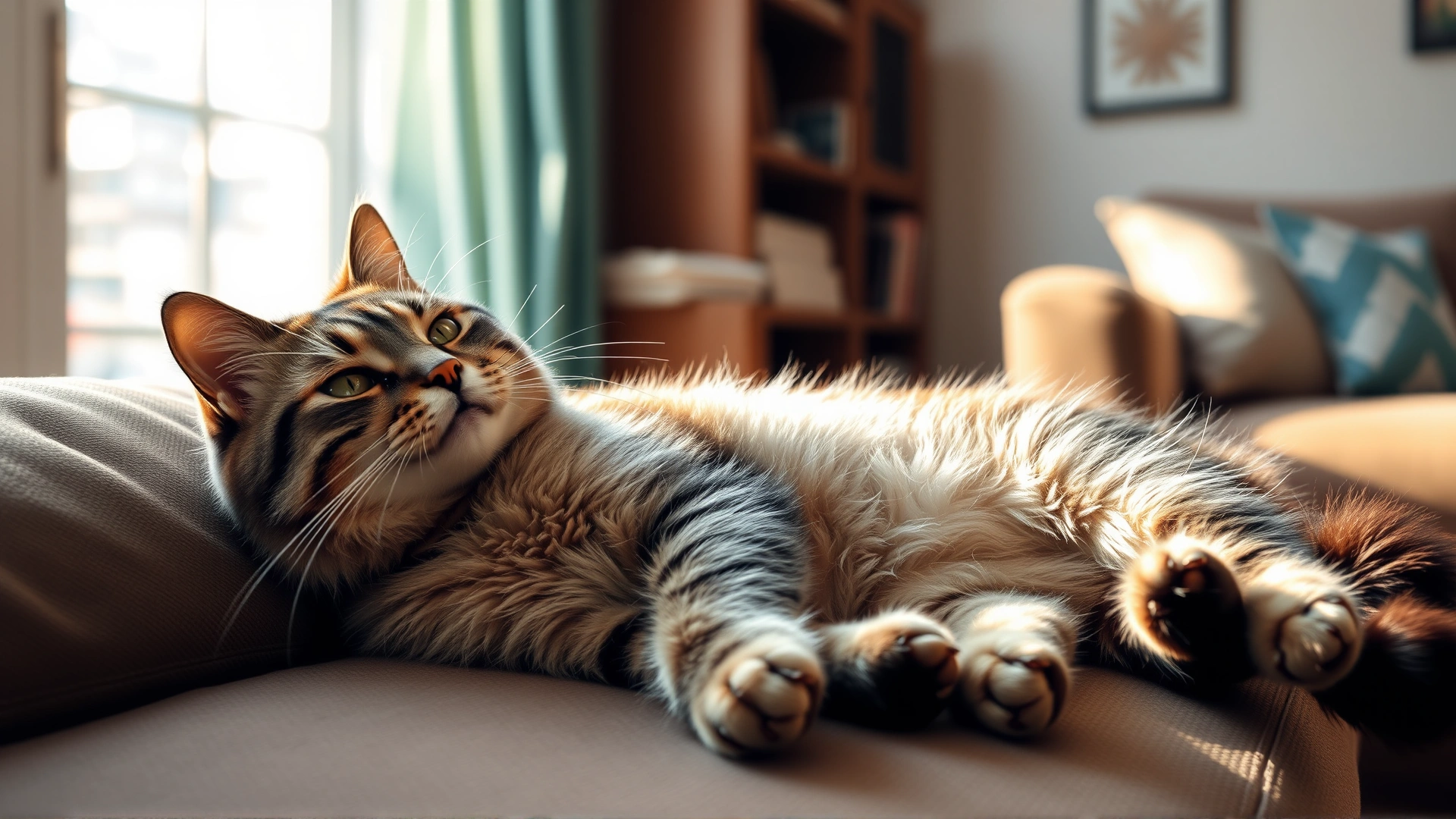 Relaxed adult cat lounging on a sunlit couch in a cozy living room, looking healthy and content, no text
