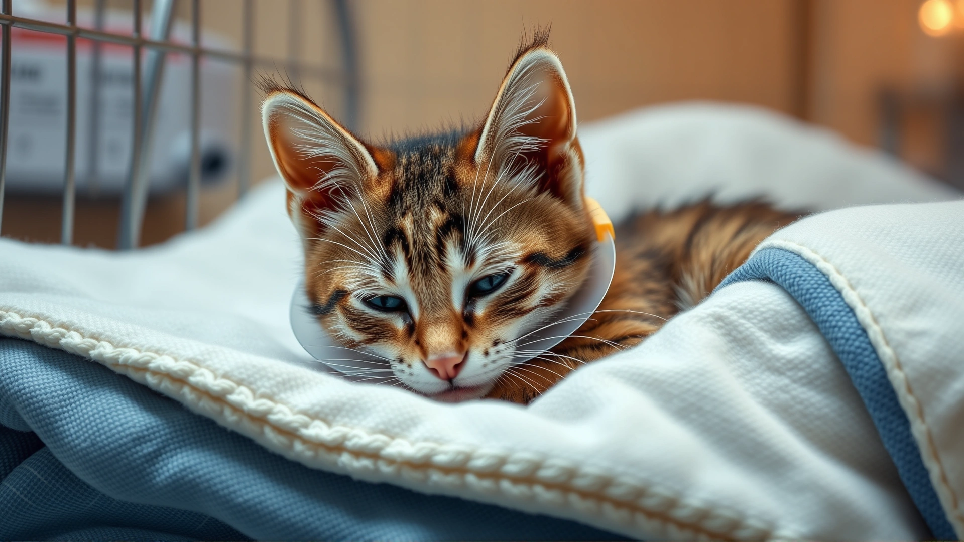 Young cat resting comfortably in a recovery cage with a soft blanket, Elizabethan collar around neck, gentle clinic lighting.