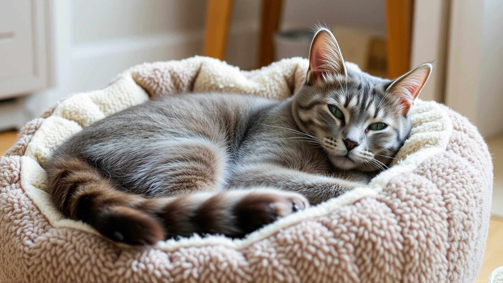 Grey domestic cat resting comfortably in a cozy pet bed at home, looking relaxed and alert