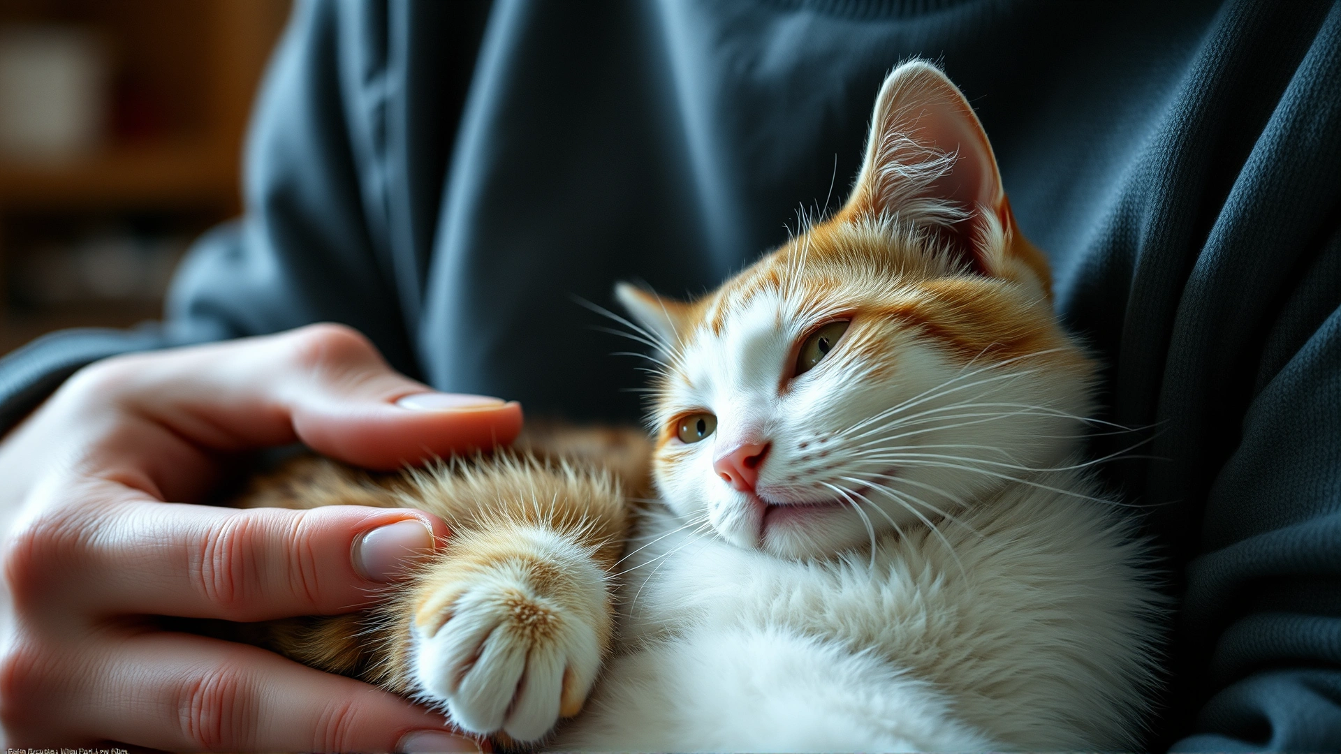 Warm photo of a recovered cat being gently cuddled by its owner, soft indoor lighting, feeling of comfort, no text