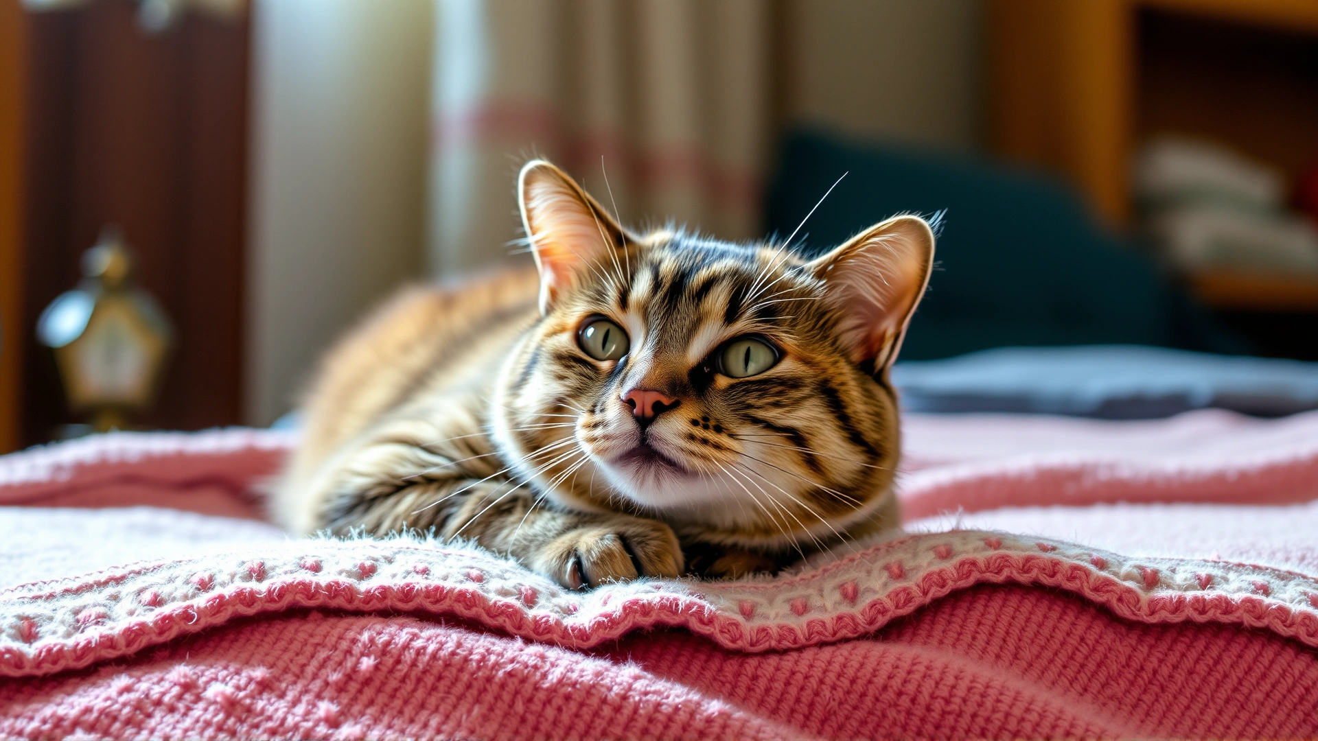 Warm cozy image of a cat resting comfortably on a blanket at home, looking alert and healthy, soft lighting, no text