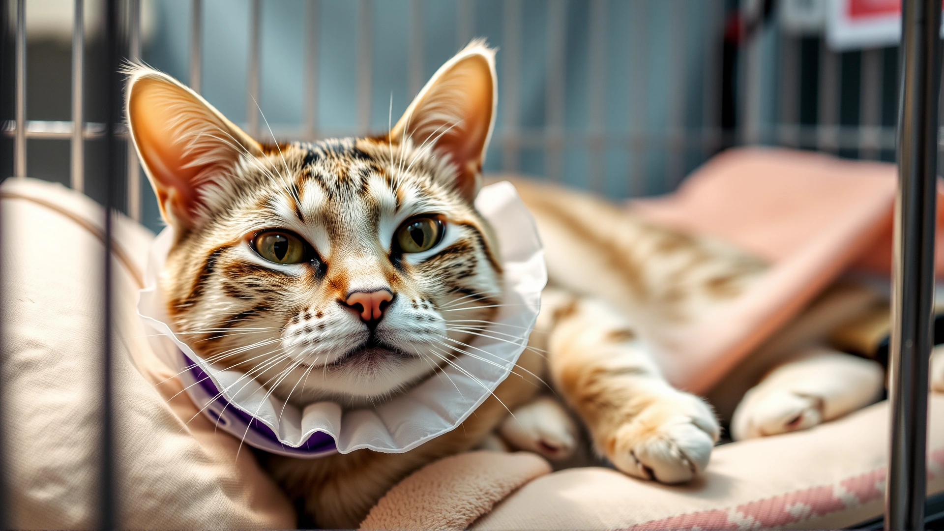 Domestic cat resting comfortably in a recovery cage with a soft blanket and Elizabethan collar, calm post-surgery environment