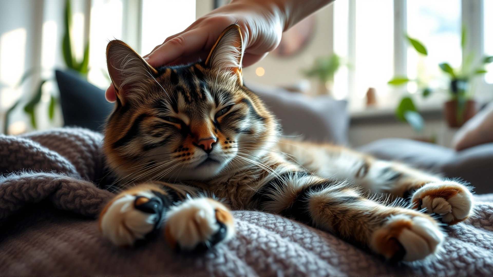 Relaxed domestic cat resting on a cozy blanket in a sunlit living room while an owner gently strokes its head; indoor plants and warm lighting in the background