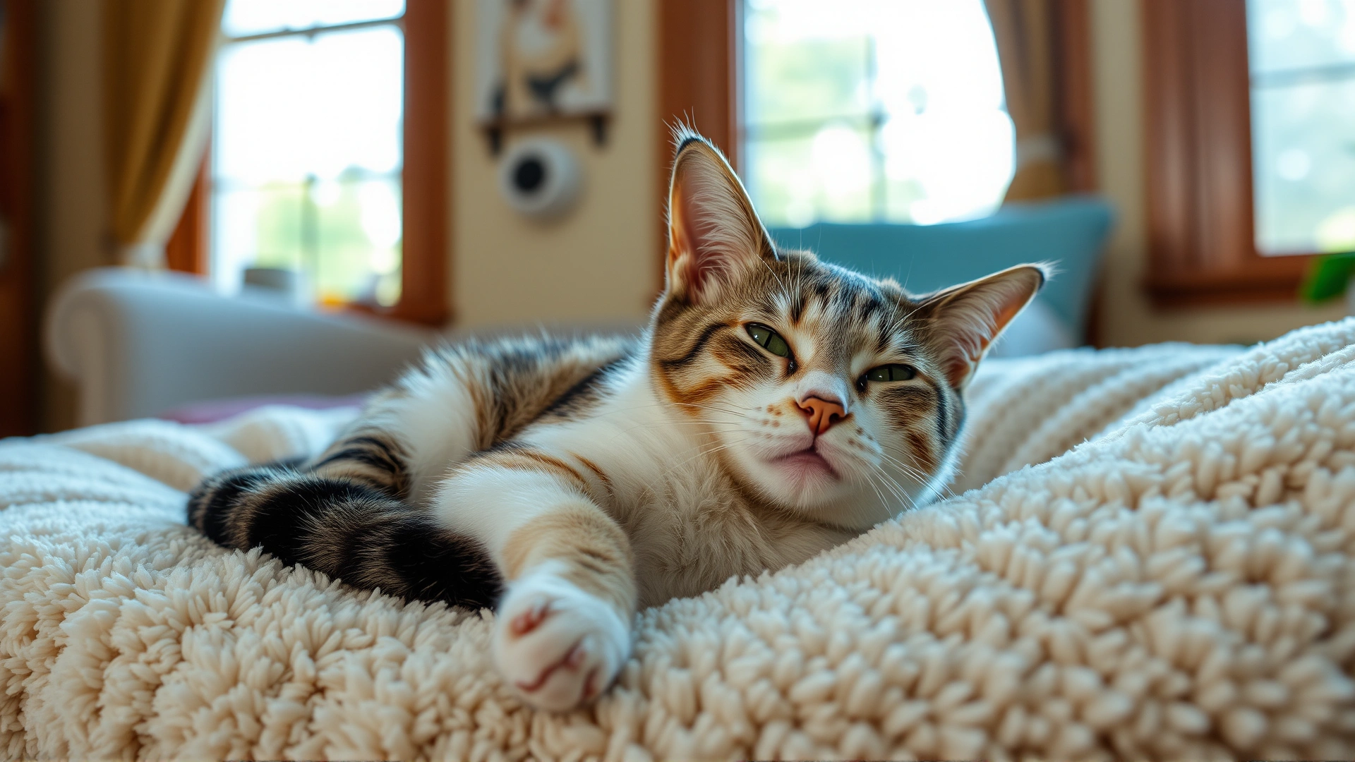 Domestic cat resting comfortably on a plush bed at home, sunny window in background, looking alert and recovering