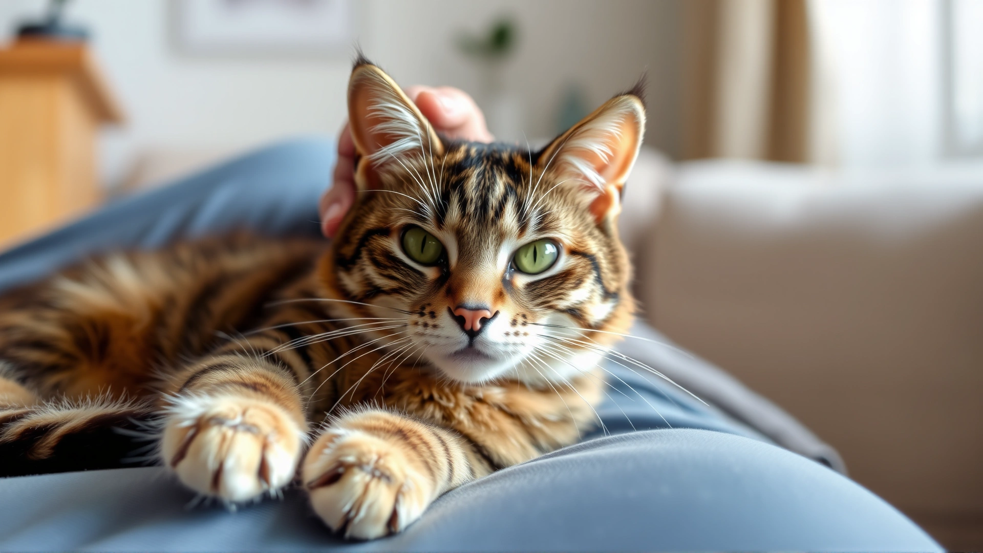 Cat lying on owner's lap at home, gentle petting, environment looks calm and hopeful, natural daylight, high resolution