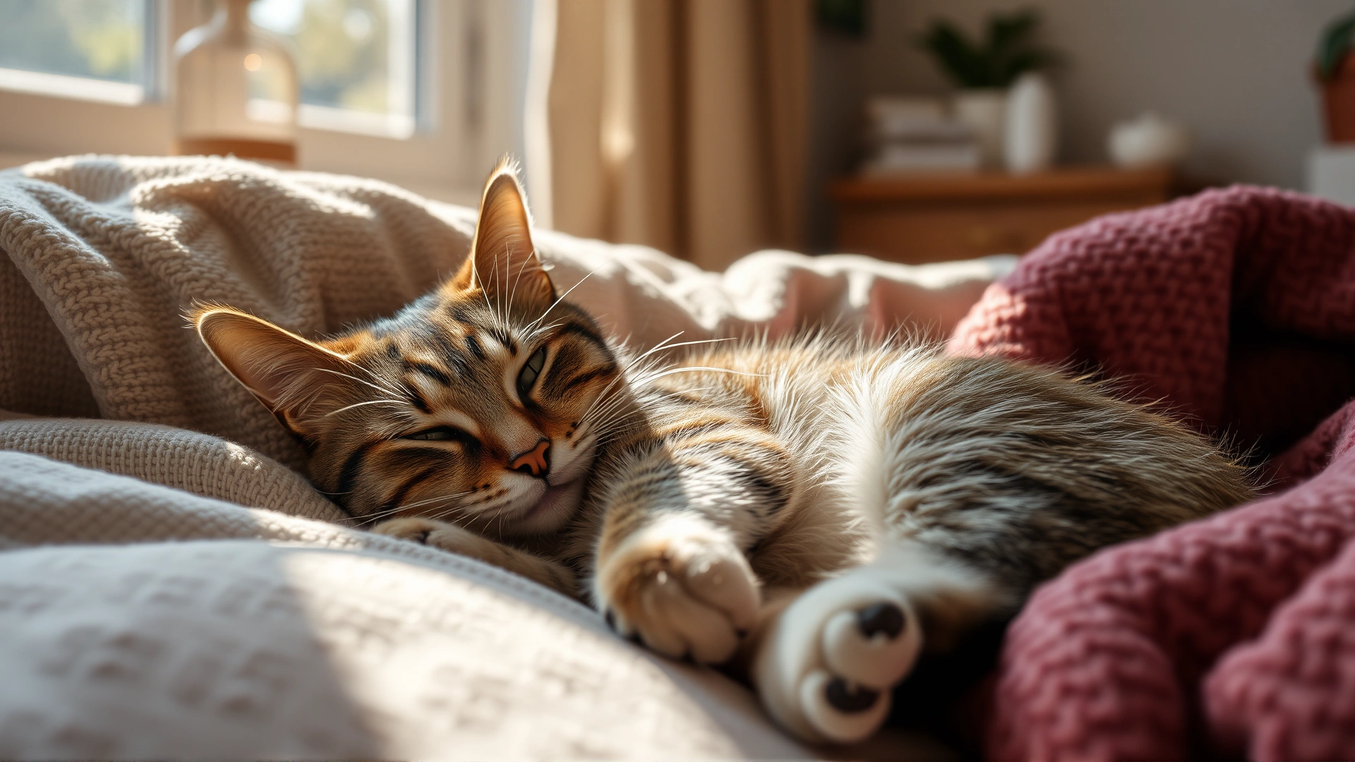 Relaxed domestic cat resting comfortably in a soft bed with a cozy blanket in a sunlit room, conveying recovery and comfort, no text