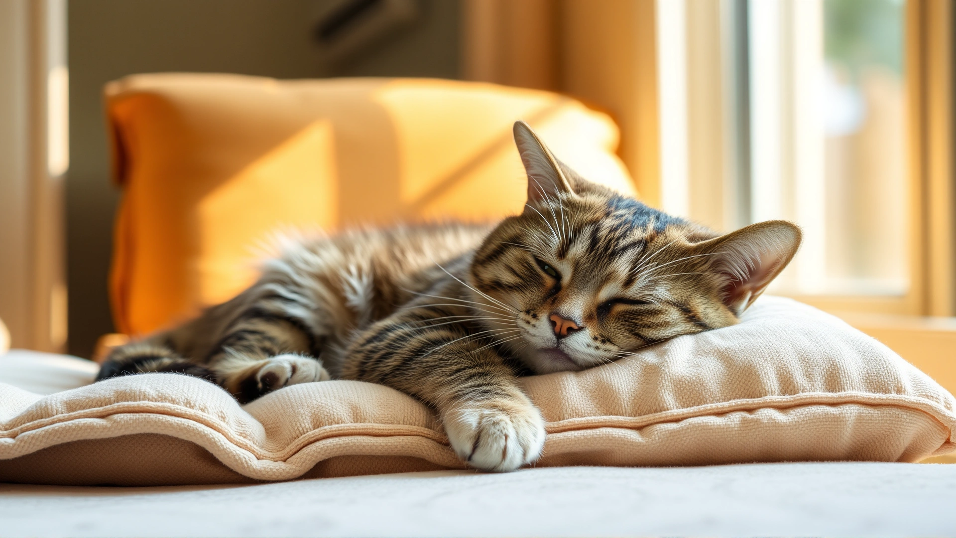 Warm, cozy image of a recovering cat resting comfortably on a cushioned bed with a soft blanket, sunlight streaming through a nearby window.