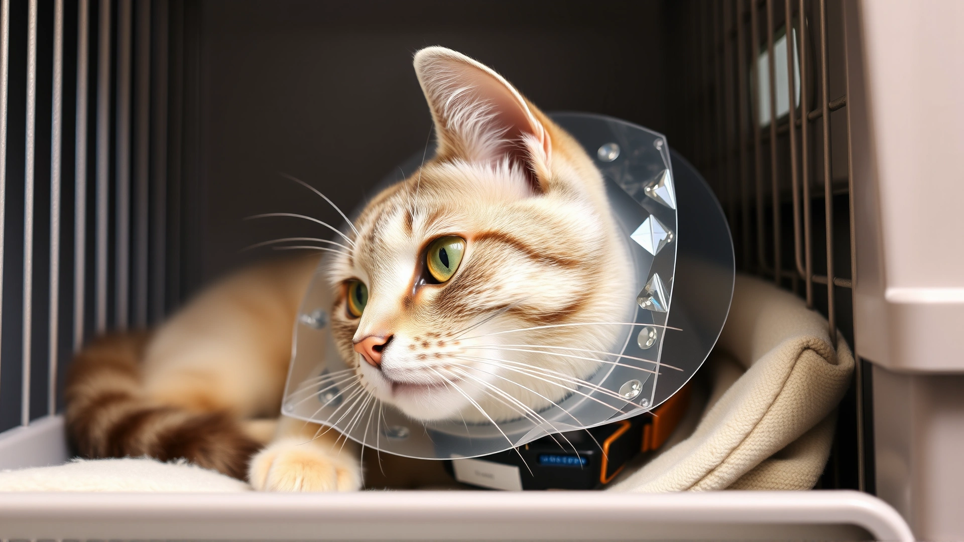 Neutered male cat wearing a transparent Elizabethan collar resting comfortably in a recovery kennel with soft bedding
