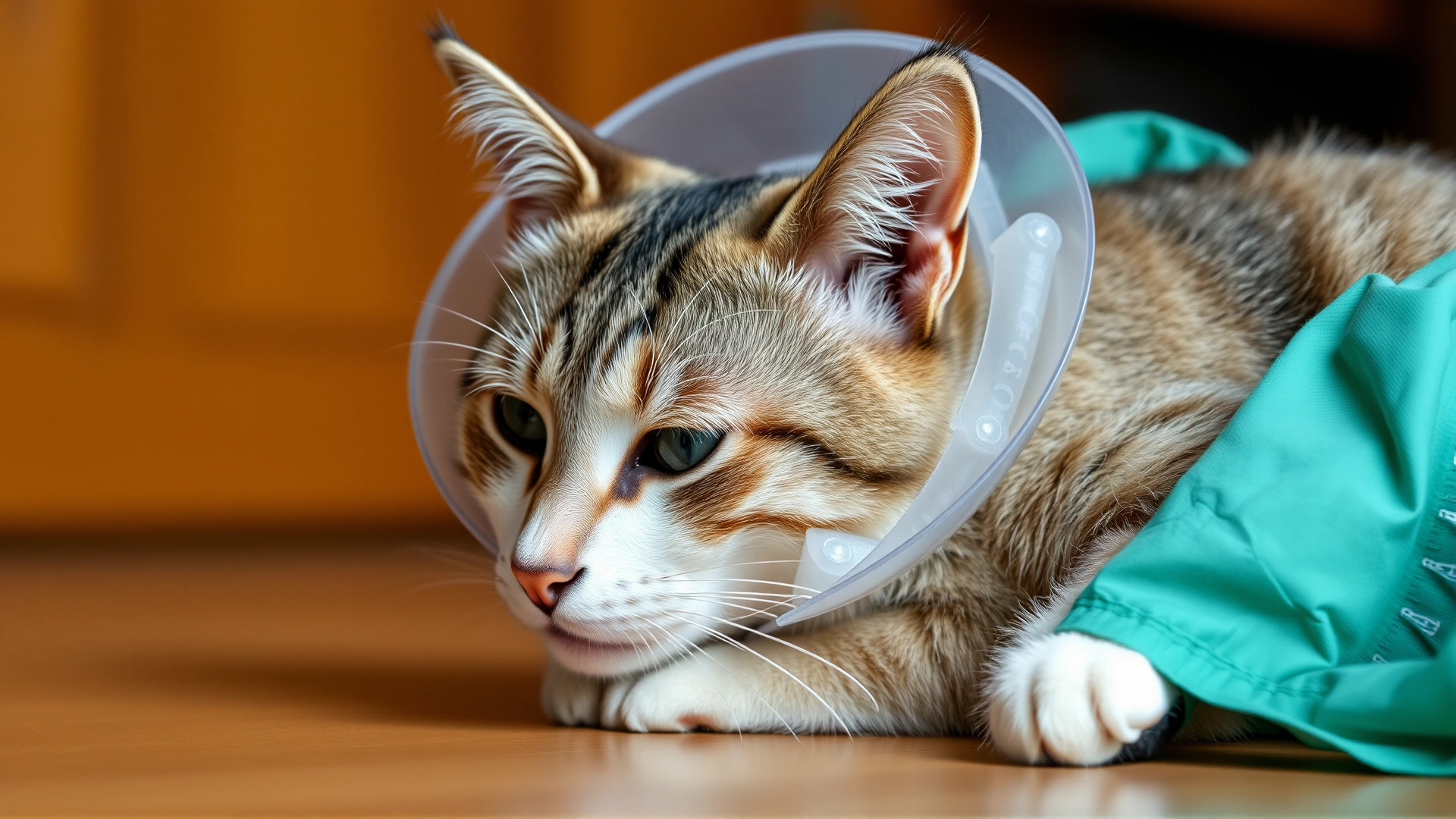 Domestic cat resting comfortably at home wearing an Elizabethan collar after surgery