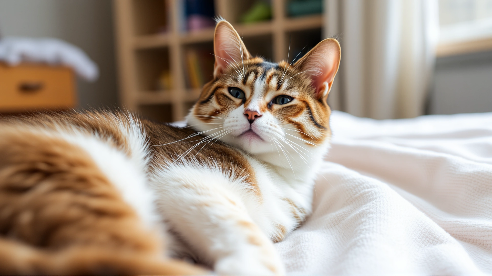Content, healthy cat resting on a soft blanket at home after successful treatment, looking relaxed.