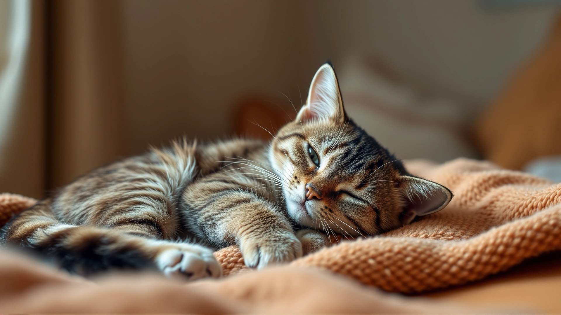 Relaxed domestic cat resting comfortably on a cozy blanket at home, looking alert and healthy, warm ambient light