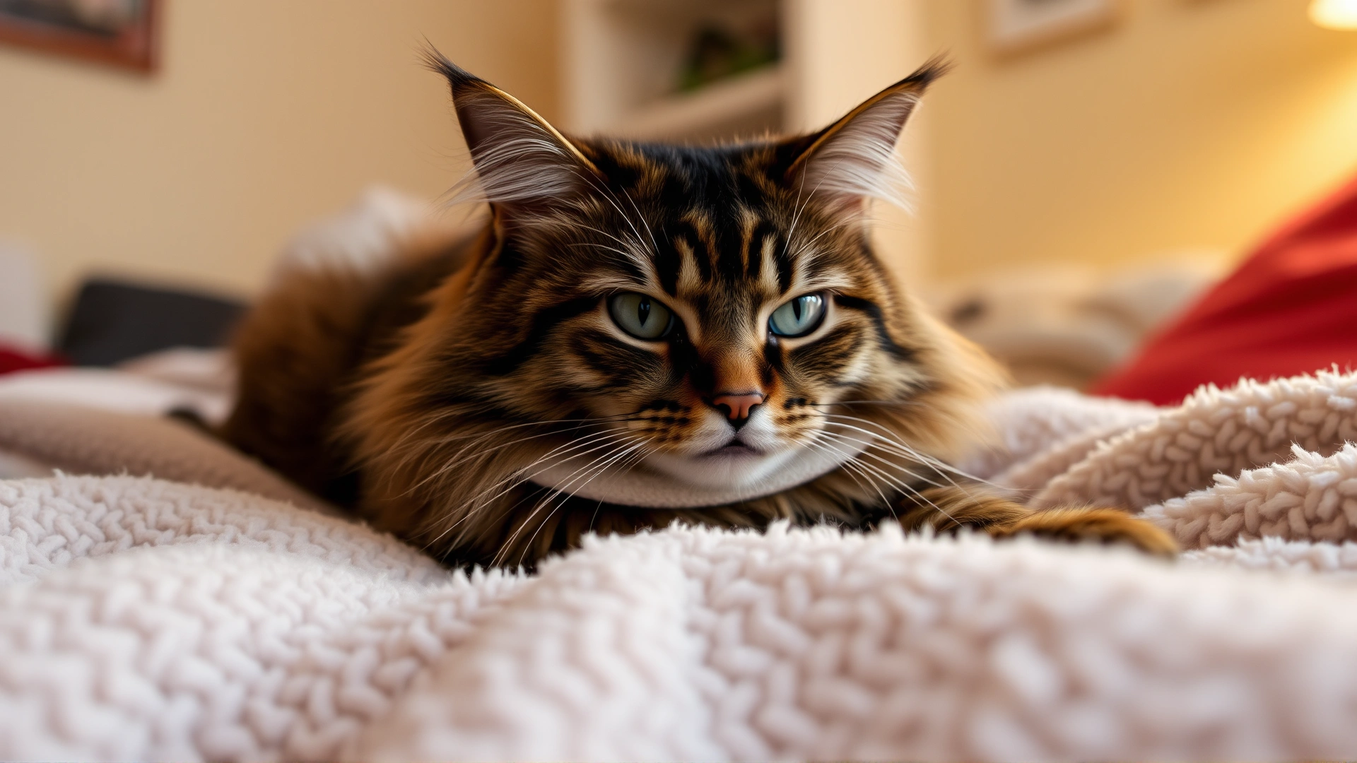 Domestic longhair cat wearing a soft recovery collar resting comfortably on a plush blanket at home, warm ambient light.