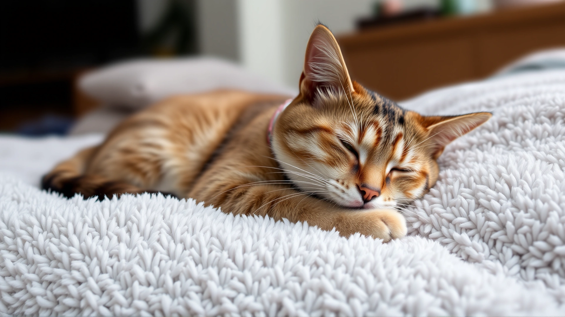 Relaxed domestic shorthair cat resting comfortably on a plush blanket at home while wearing a soft Elizabethan collar, looking calm and content.