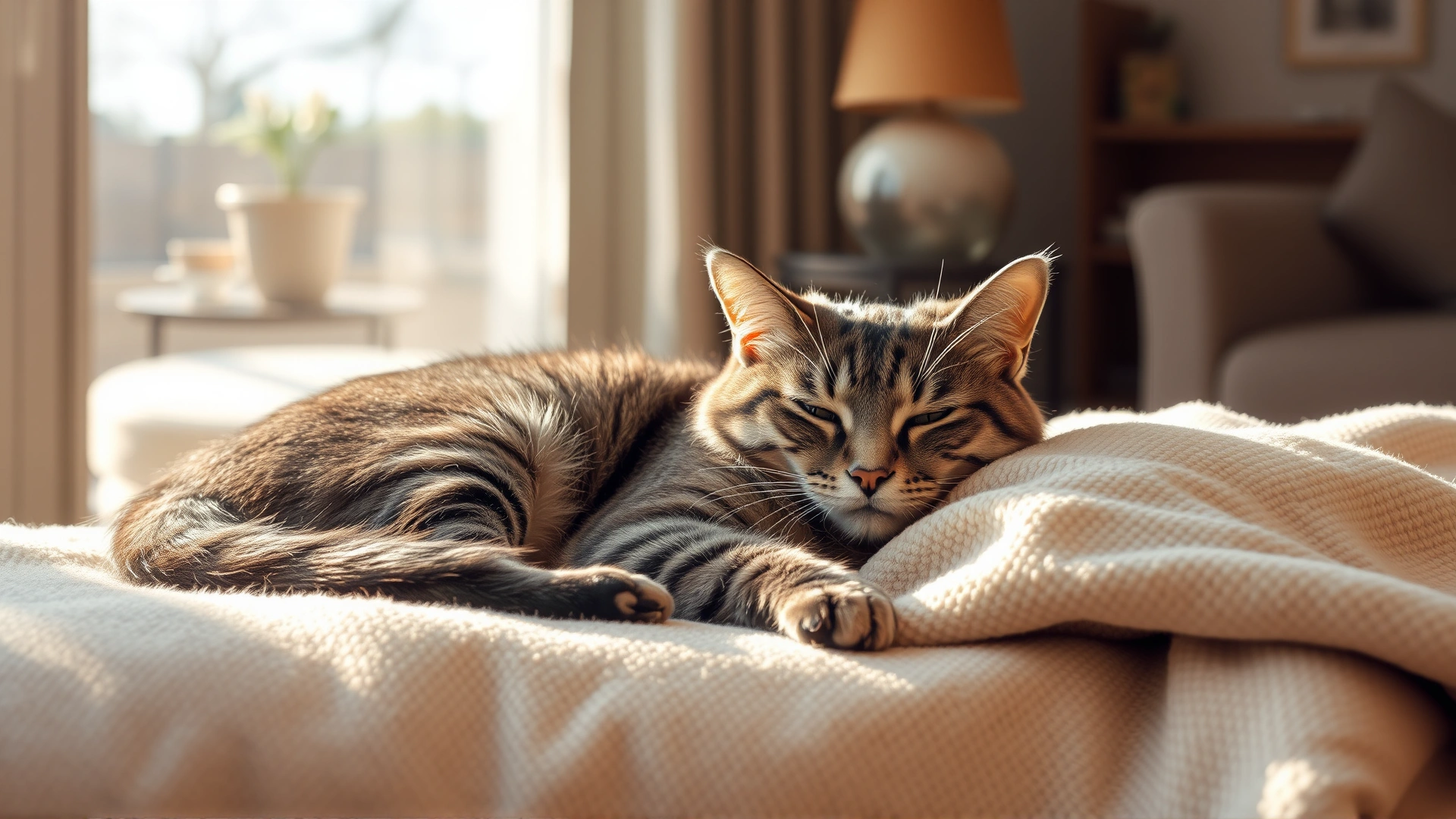 A grey tabby cat resting comfortably on a soft blanket in a cozy living room with soft sunlight, symbolizing recovery period.