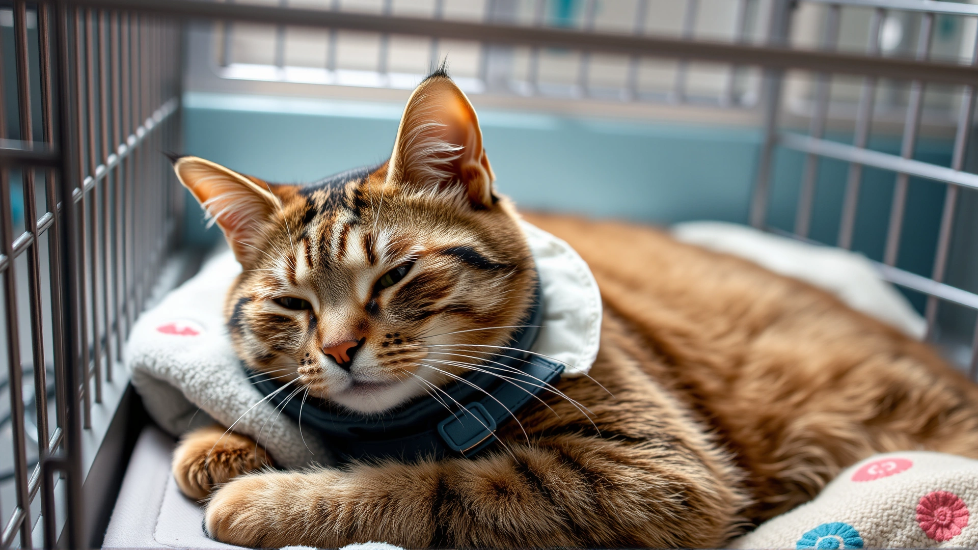 Cat resting comfortably in a recovery kennel with soft bedding and an Elizabethan collar, calm expression