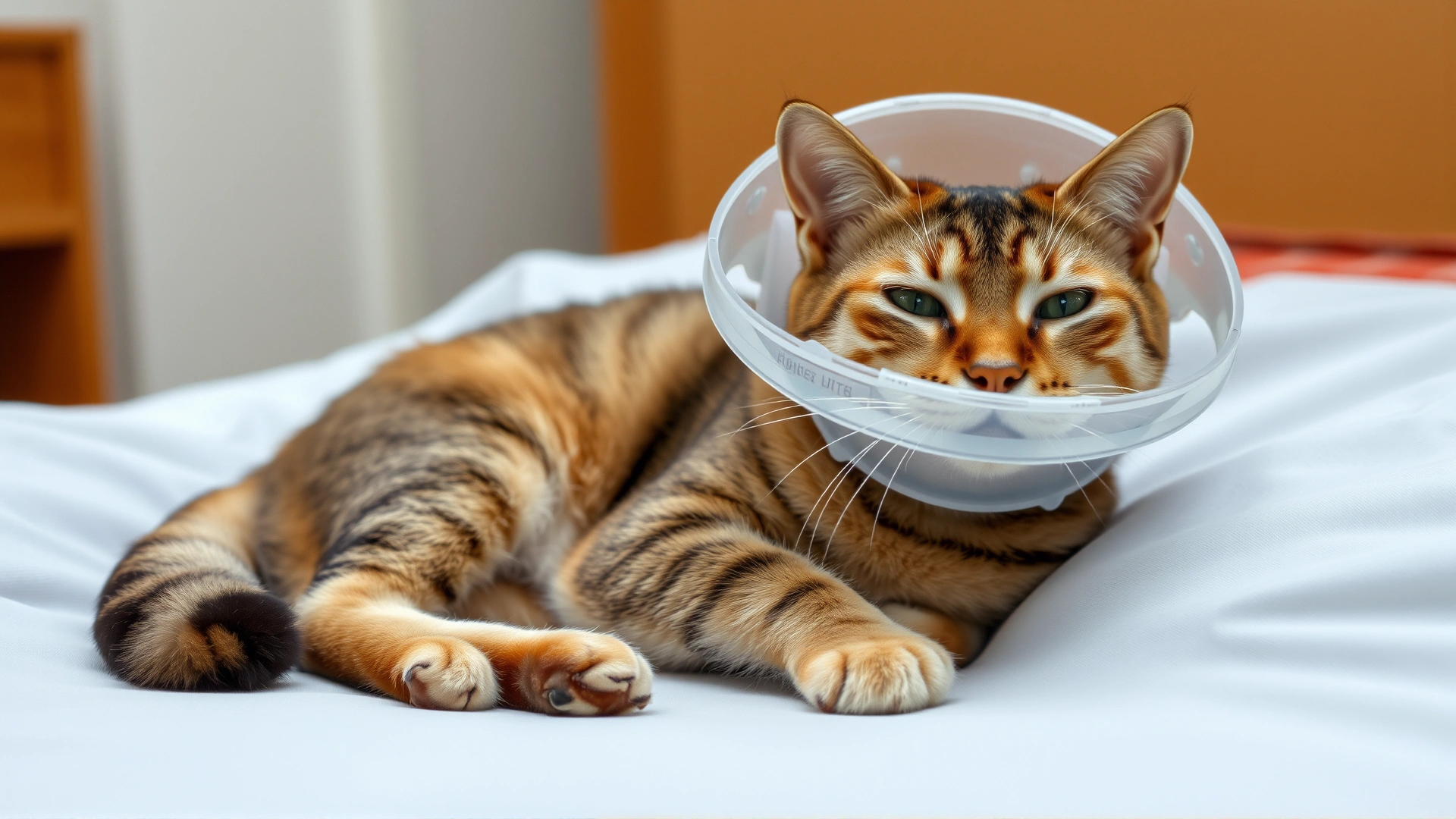 Domestic cat resting comfortably in a soft bed at home, wearing a protective Elizabethan collar after surgery.