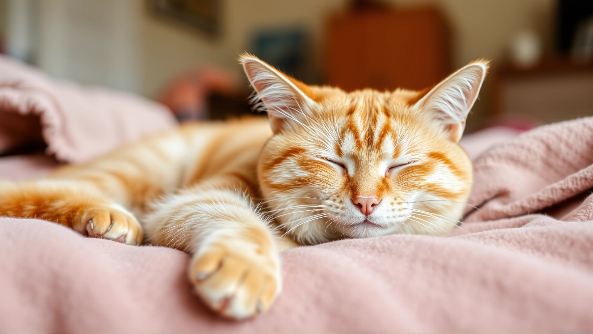 Calm orange tabby cat resting comfortably on a soft blanket at home, looking relaxed and healthy, warm lighting, no text