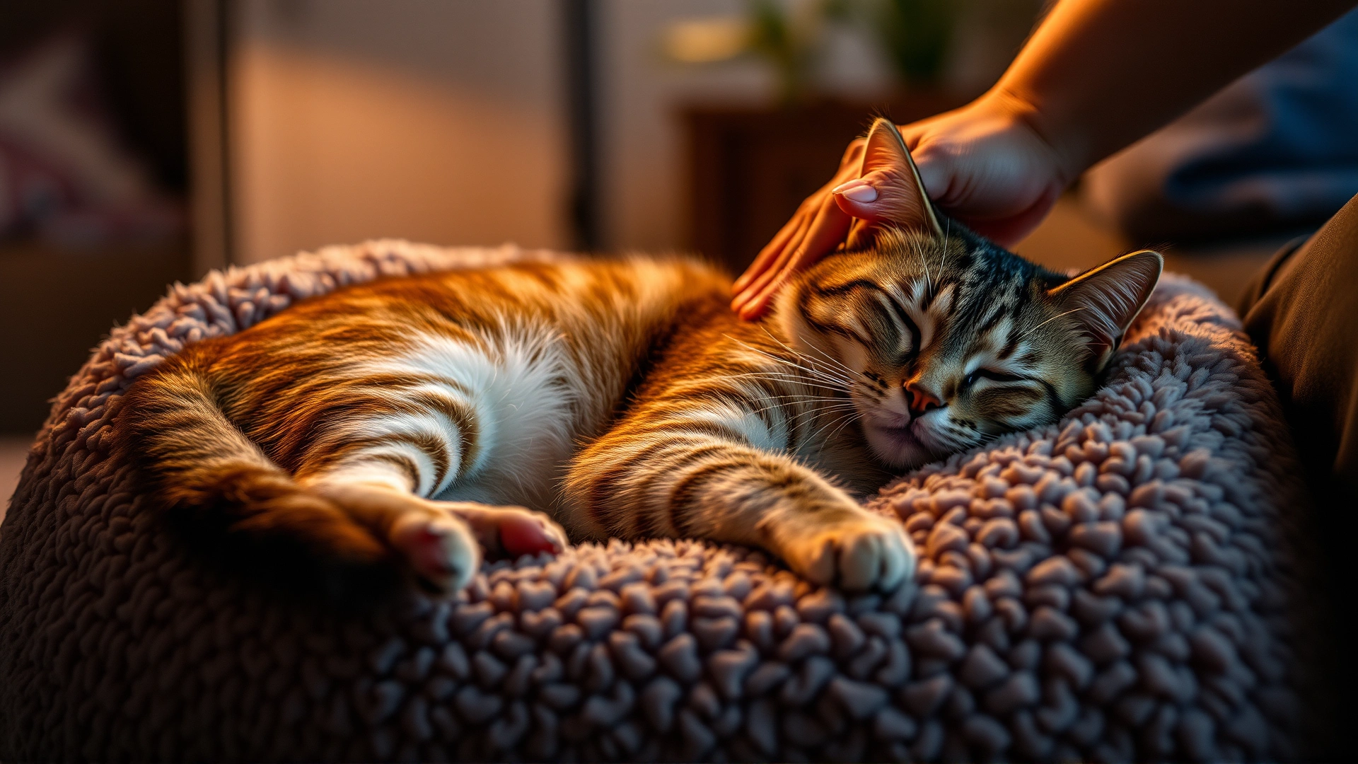 Domestic cat resting comfortably on a plush bed at home, owner gently petting it, warm cozy lighting