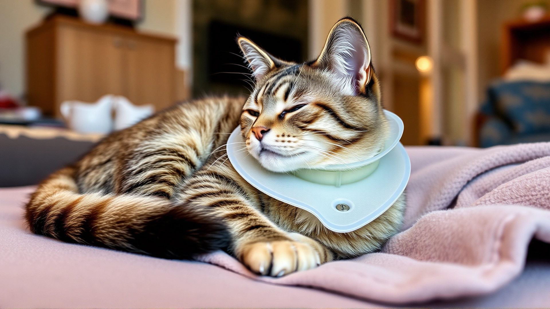 Domestic cat resting comfortably on a soft blanket at home wearing a light medical collar (Elizabethan collar) with a warm, cozy interior setting.