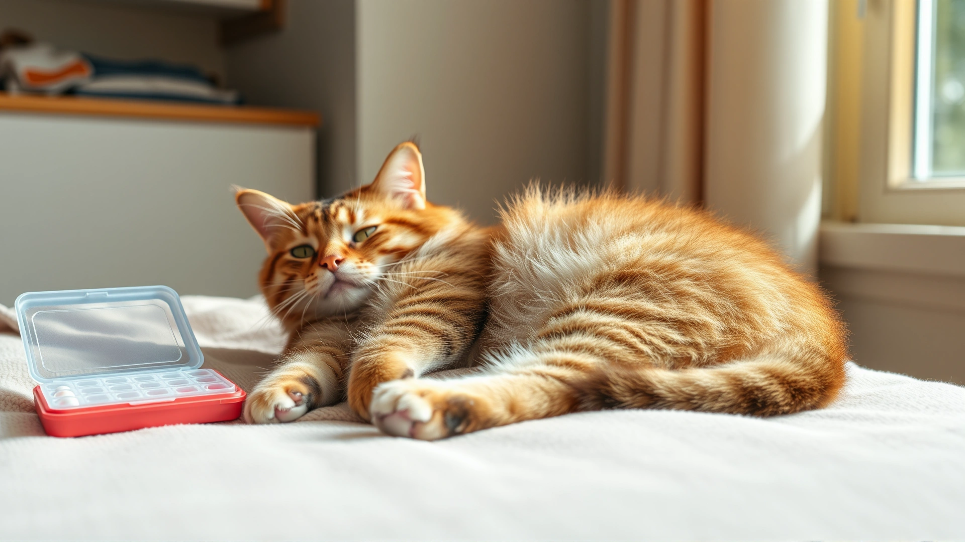 Warm, cozy scene of a recovered cat lounging comfortably on a blanket at home with a small pill organizer nearby, natural window light, no text.