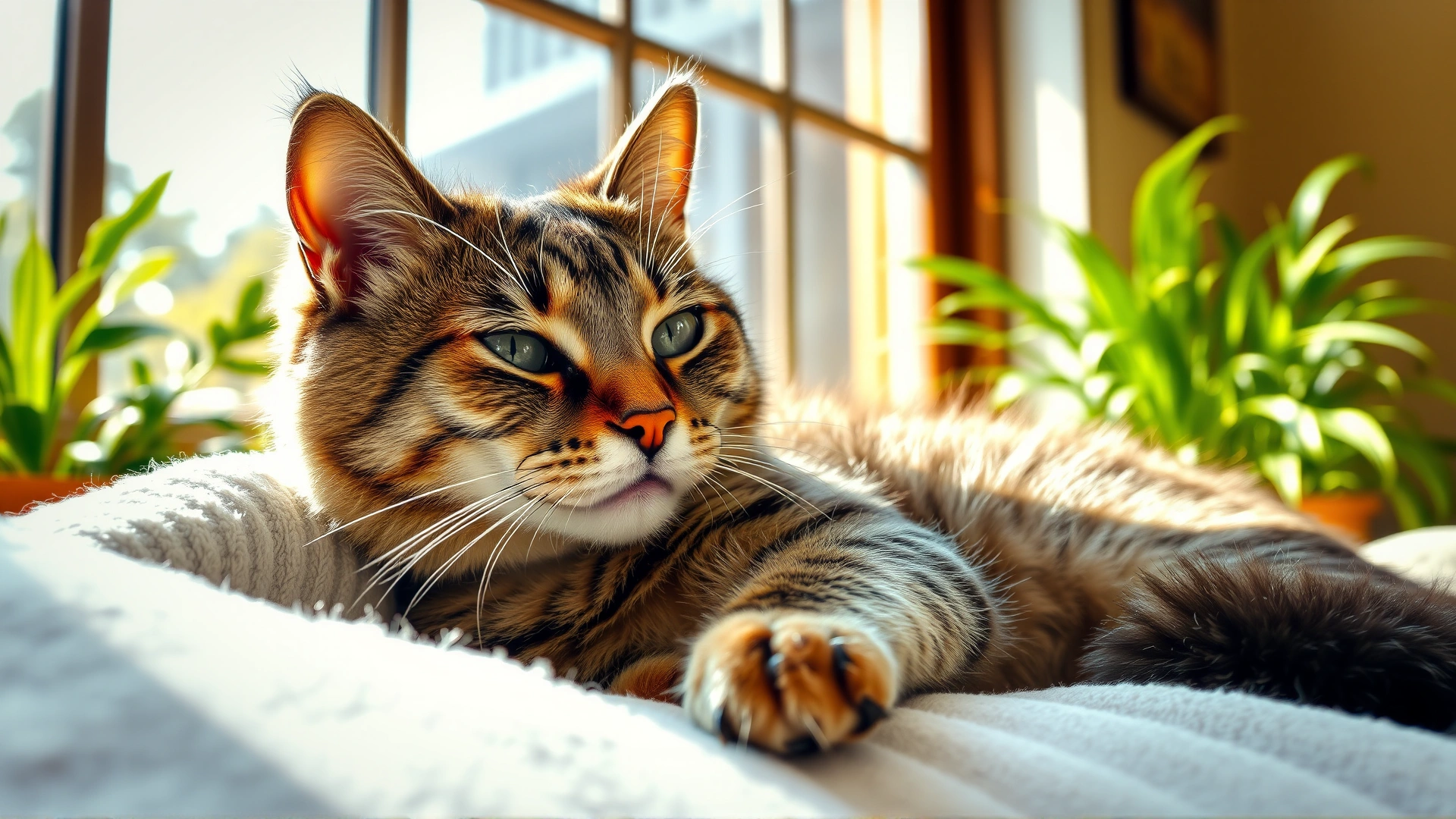 Domestic cat resting comfortably on a soft blanket near a sunny window with houseplants in background, relaxed atmosphere.