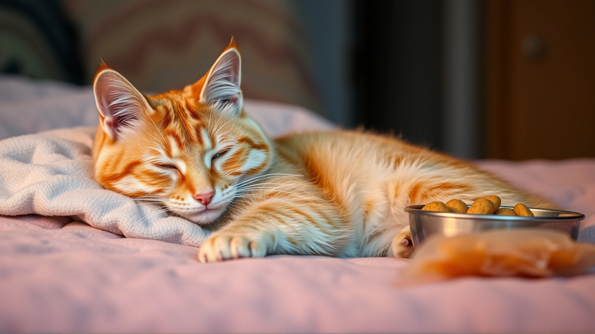 Orange tabby cat resting comfortably on a soft blanket at home with a small bowl of prescription food nearby; warm lighting indicating recovery.