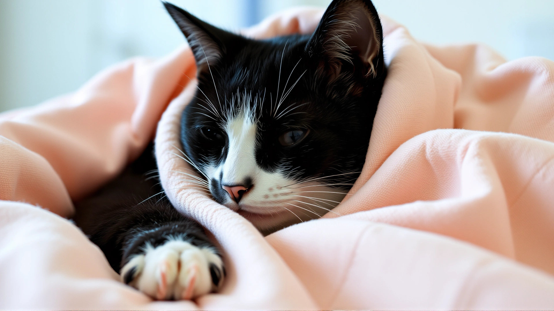 Calm black-and-white cat resting comfortably in a soft blanket at home after surgery, looking relaxed, warm ambient light, no text