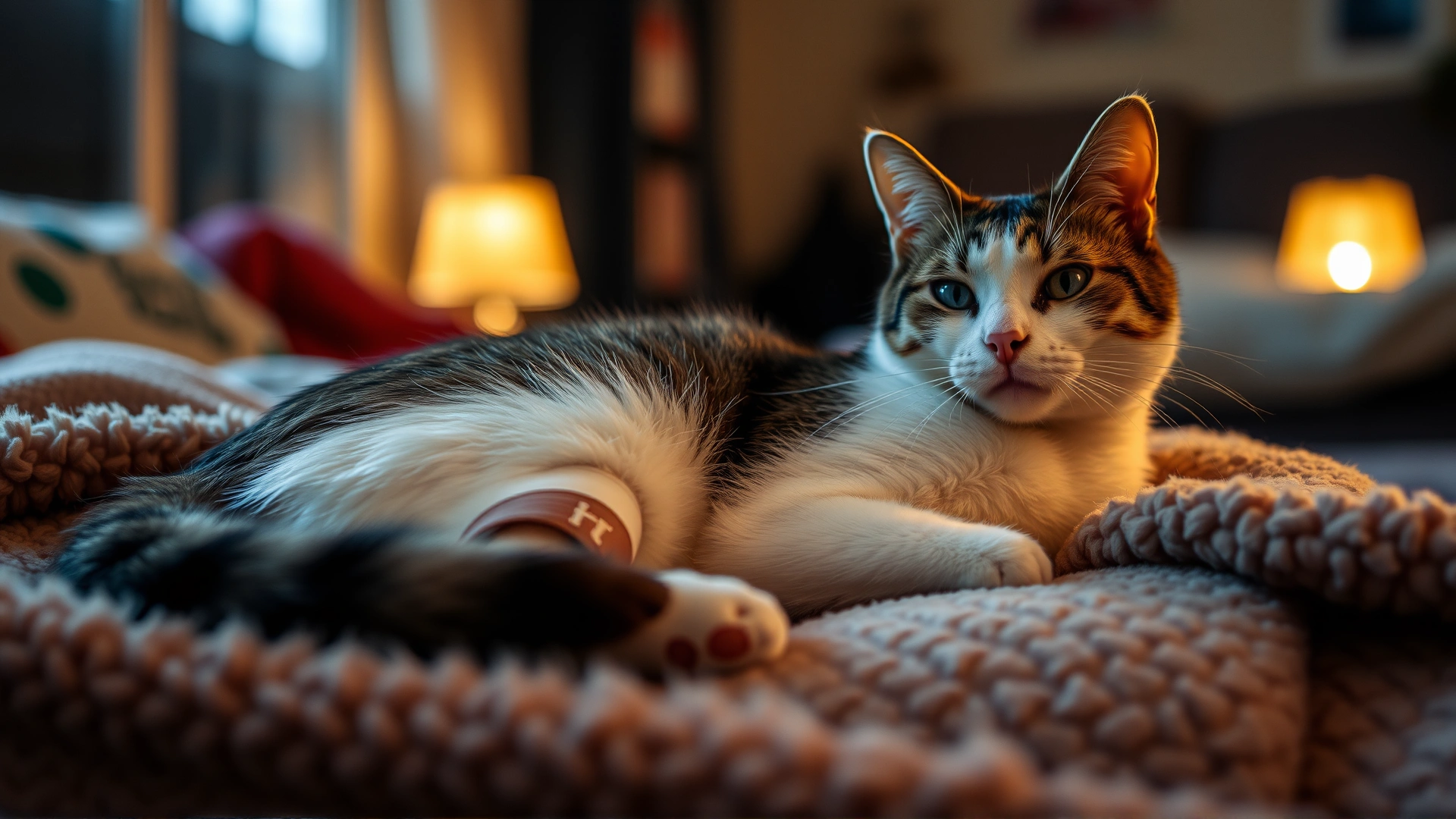 Domestic cat resting comfortably on a plush blanket at home with a small bandage on its side, warm ambient lighting, cozy environment.