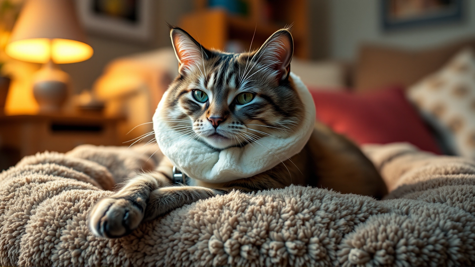 Cozy photo of a cat wearing a soft recovery collar resting comfortably on a plush bed at home, warm ambient light.