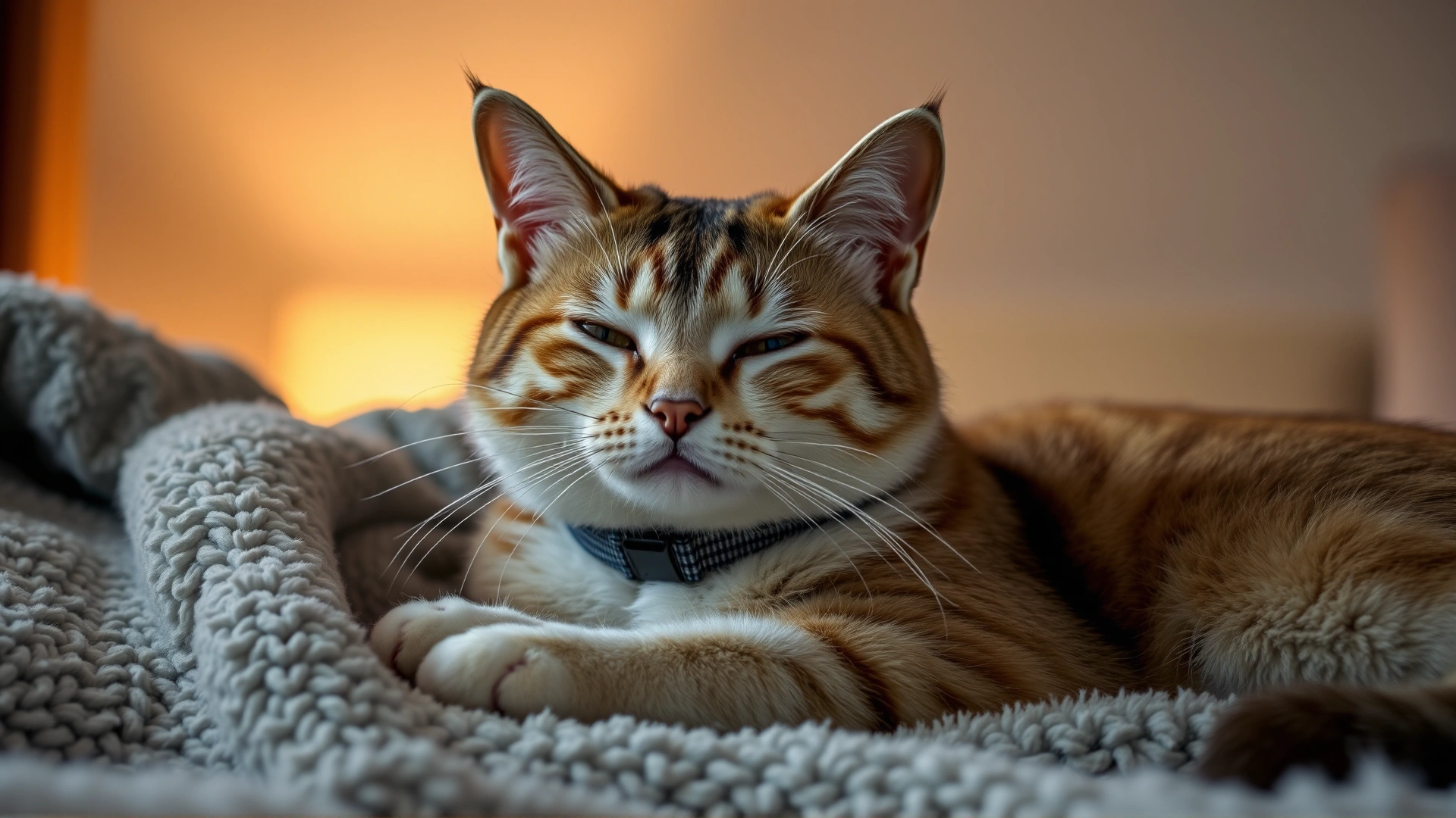 Female cat wearing a soft fabric e-collar resting comfortably on a plush blanket at home; warm ambient lighting; peaceful expression.