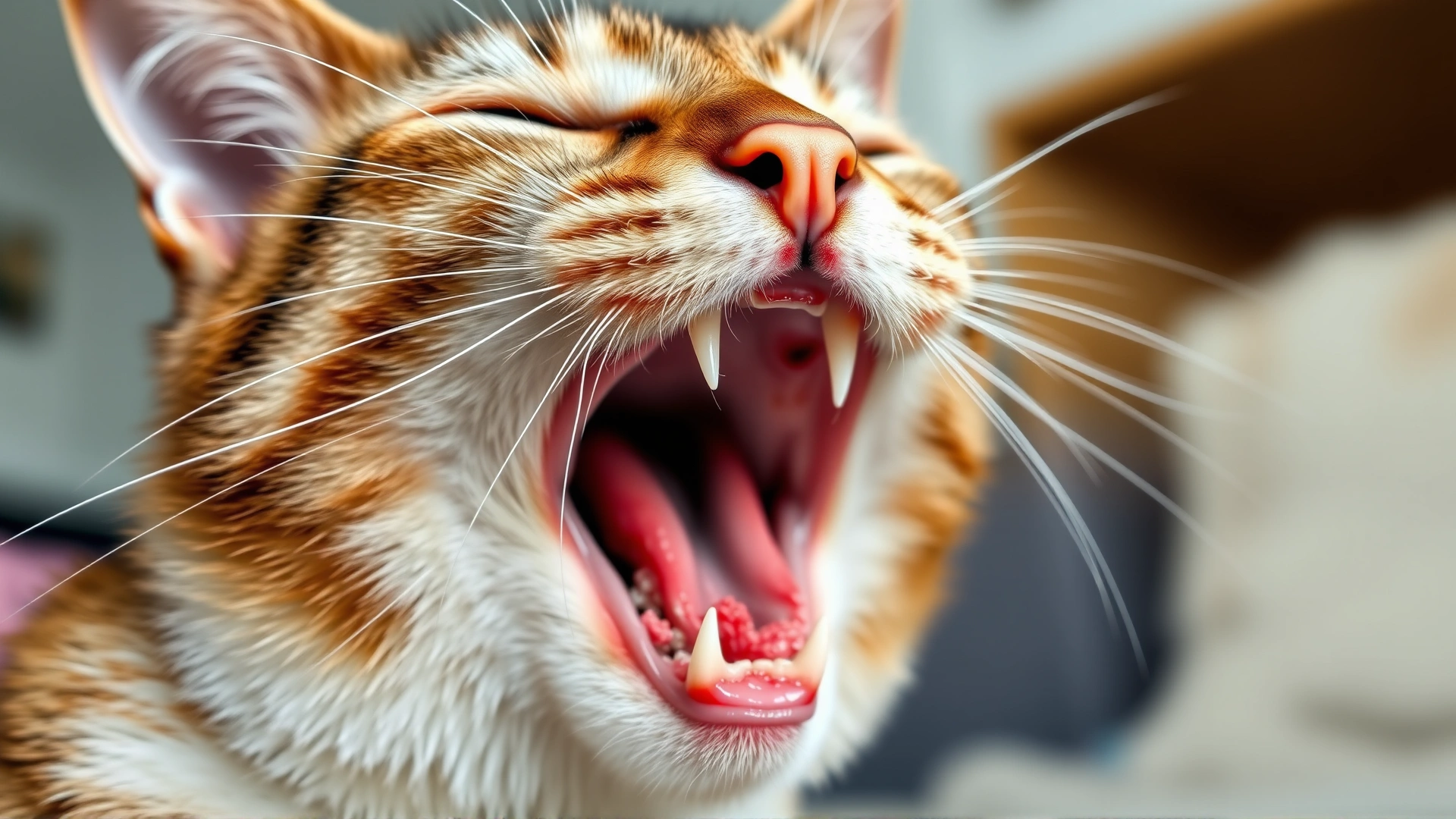 High-resolution close-up of a cat opening its mouth showing visibly red, inflamed gums; indoor natural lighting, sharp focus on gums, shallow depth of field.