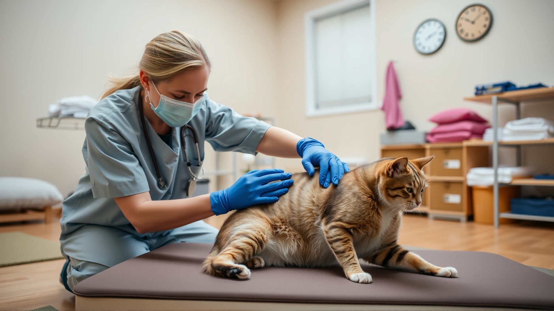 Professional pet physiotherapist performing gentle stretching exercises on a cat in a warm rehab room with soft mats.