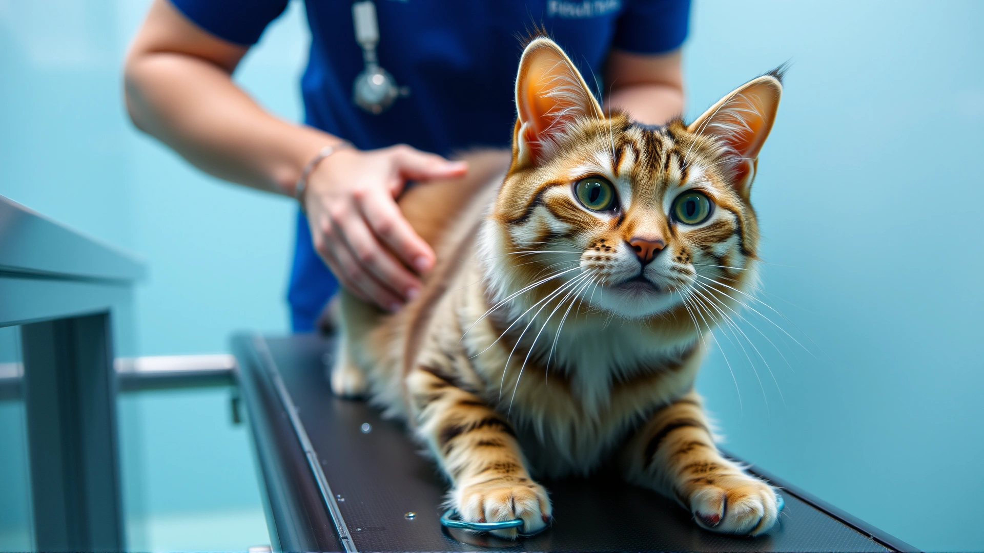 Cat undergoing hydrotherapy on an underwater treadmill assisted by a therapist, rehabilitation context