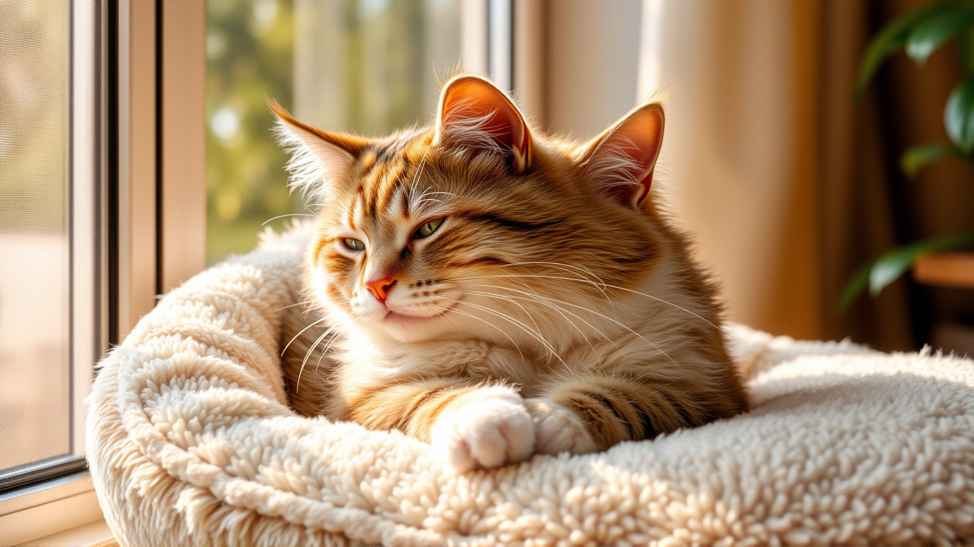Comfortable domestic cat resting on a plush bed next to a window with warm sunlight, cozy home environment