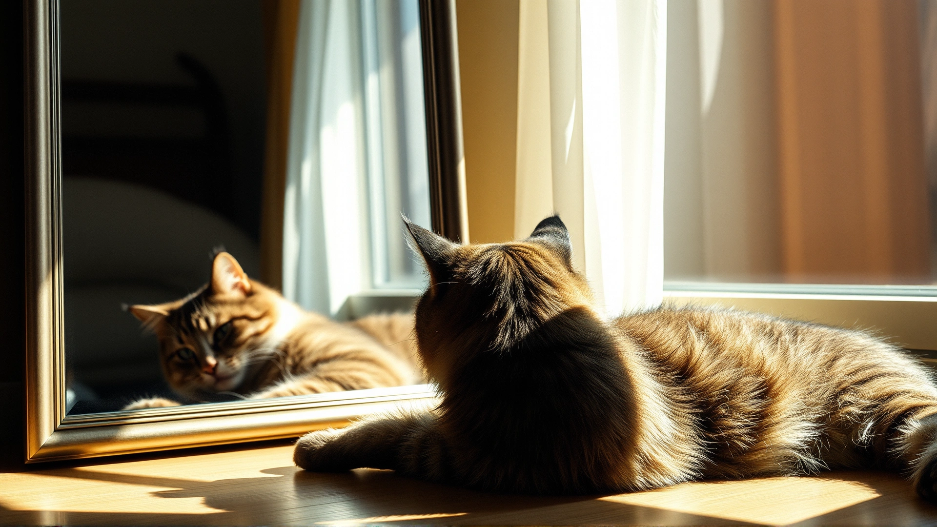 Relaxed cat lying beside a mirror and ignoring its reflection, sunlit room with soft shadows
