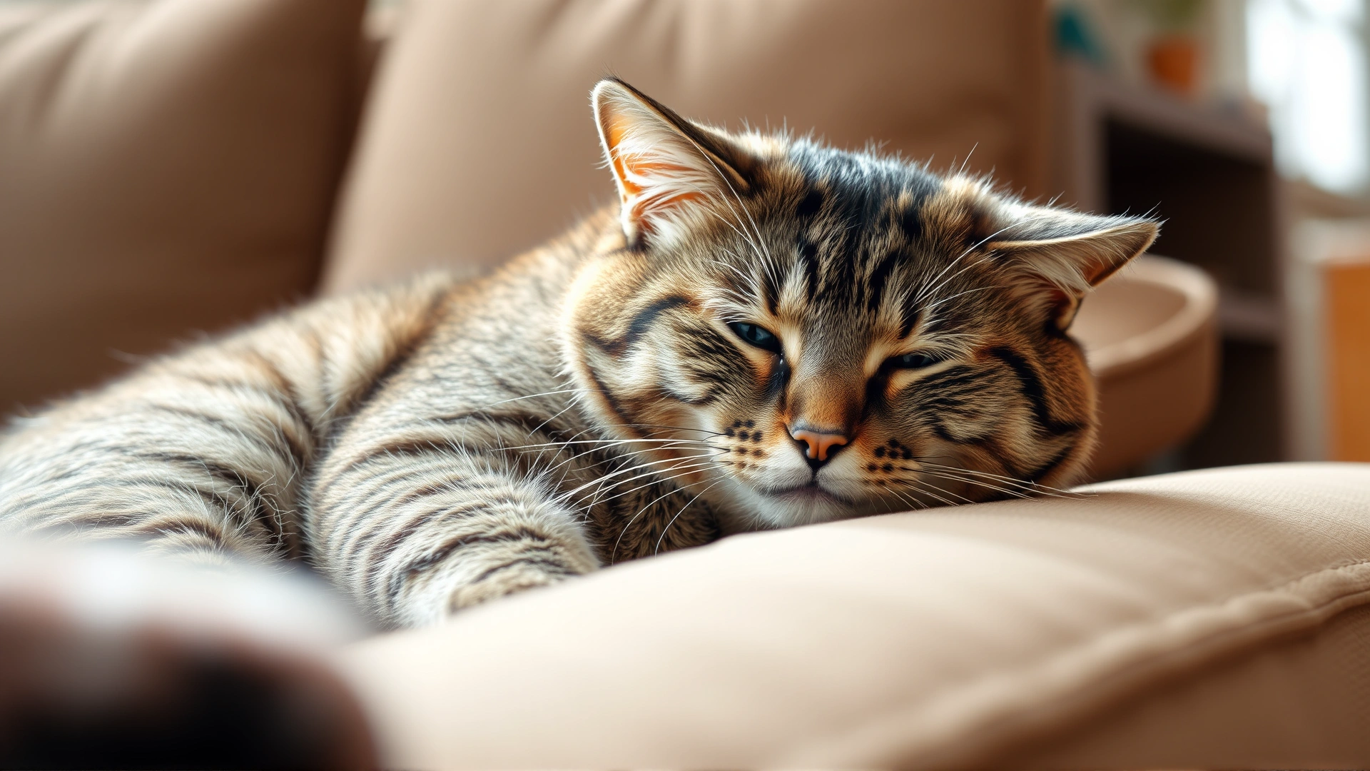 A domestic cat resting comfortably on a couch, looking slightly tired, natural home environment, soft daylight, no text