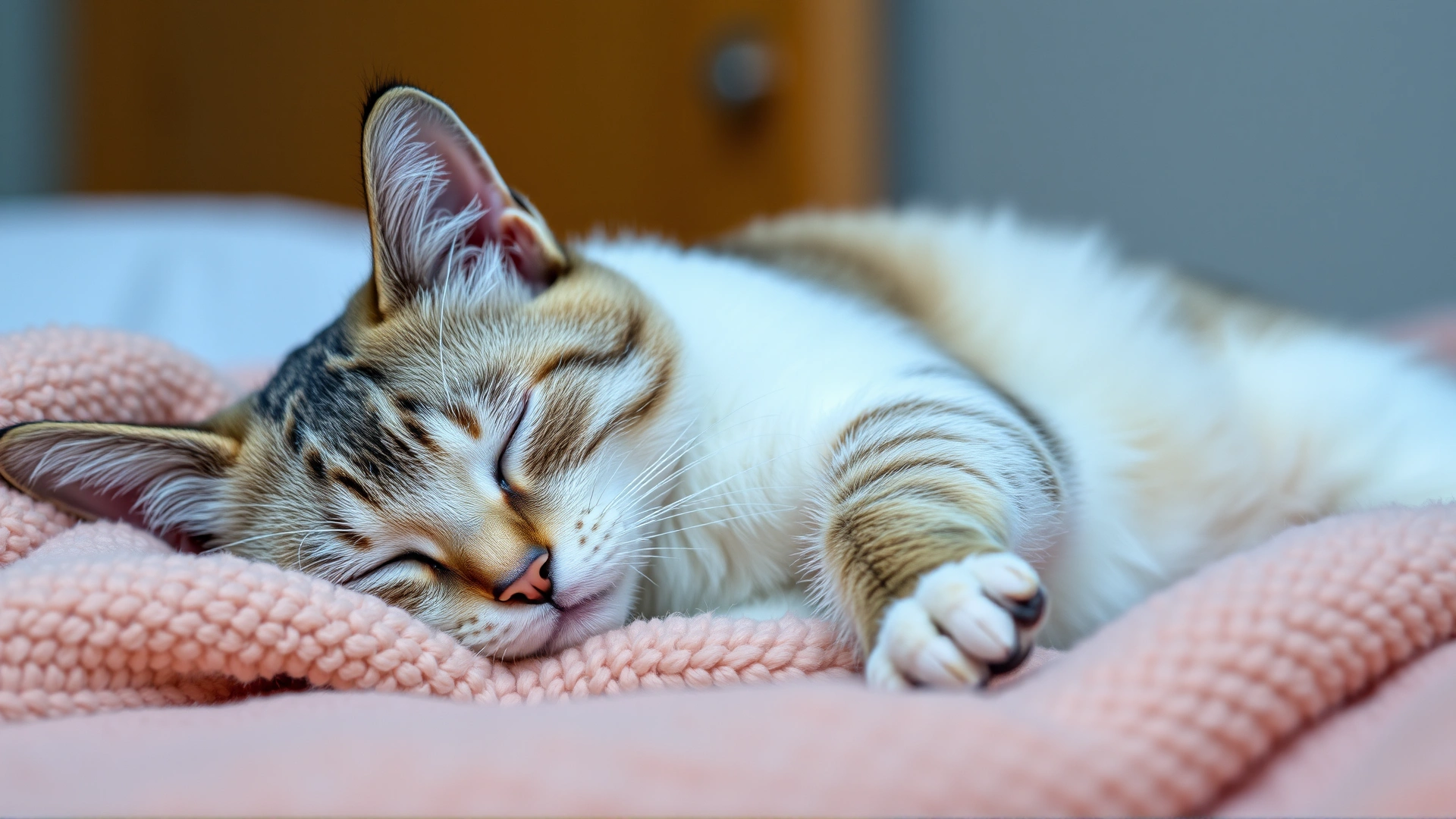 Peaceful cat resting comfortably on a soft blanket, representing recovery and quality of life