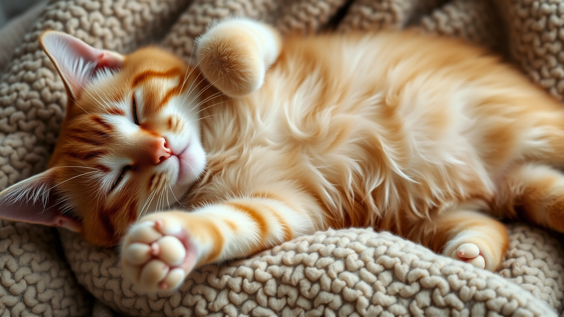 Content ginger cat lying on its back with eyes half-closed after playing with catnip, soft throw blanket background, high resolution, no text.