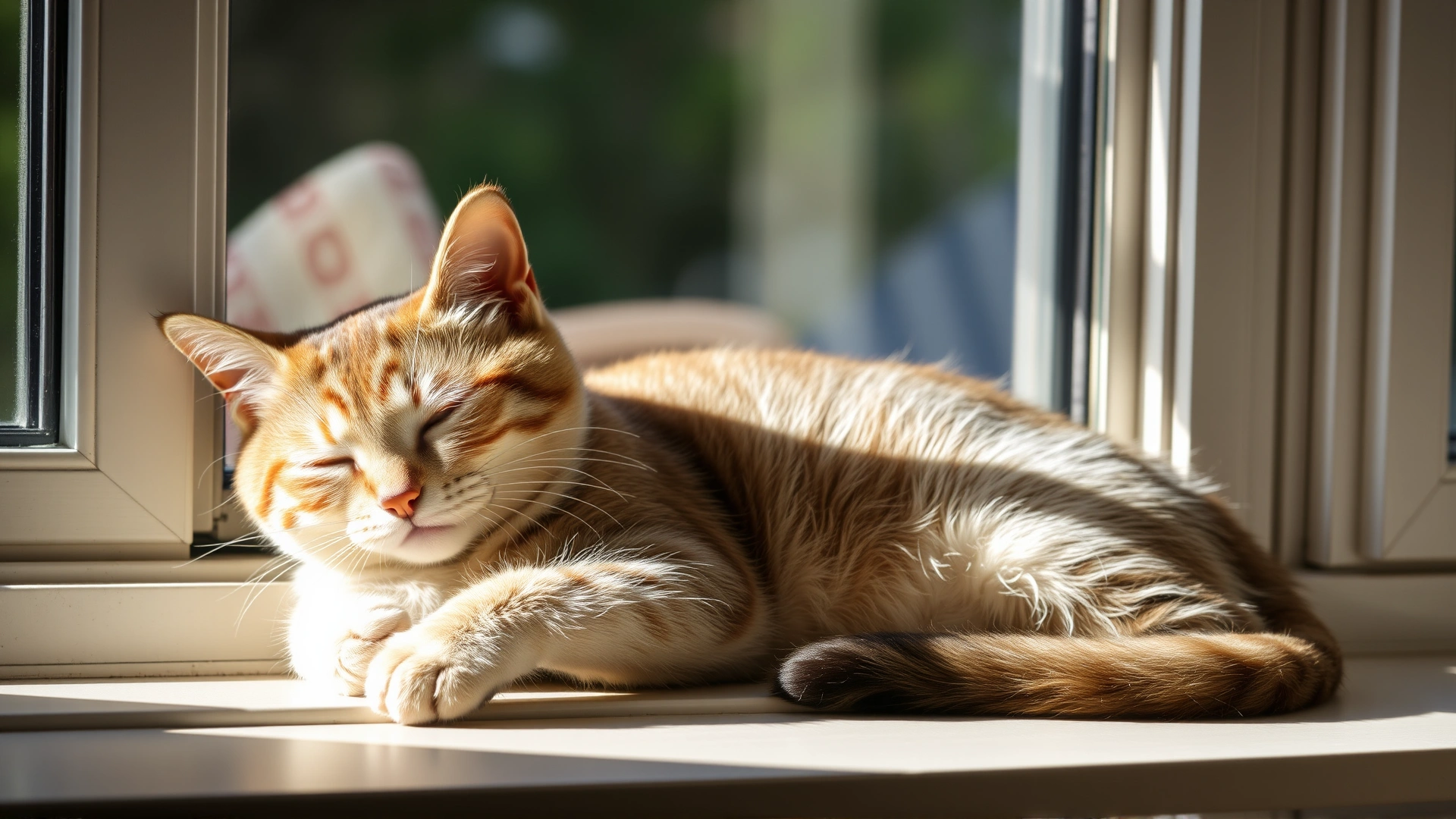 Relaxed domestic short-hair cat lounging peacefully on a windowsill with soft sunlight, representing reduced anxiety